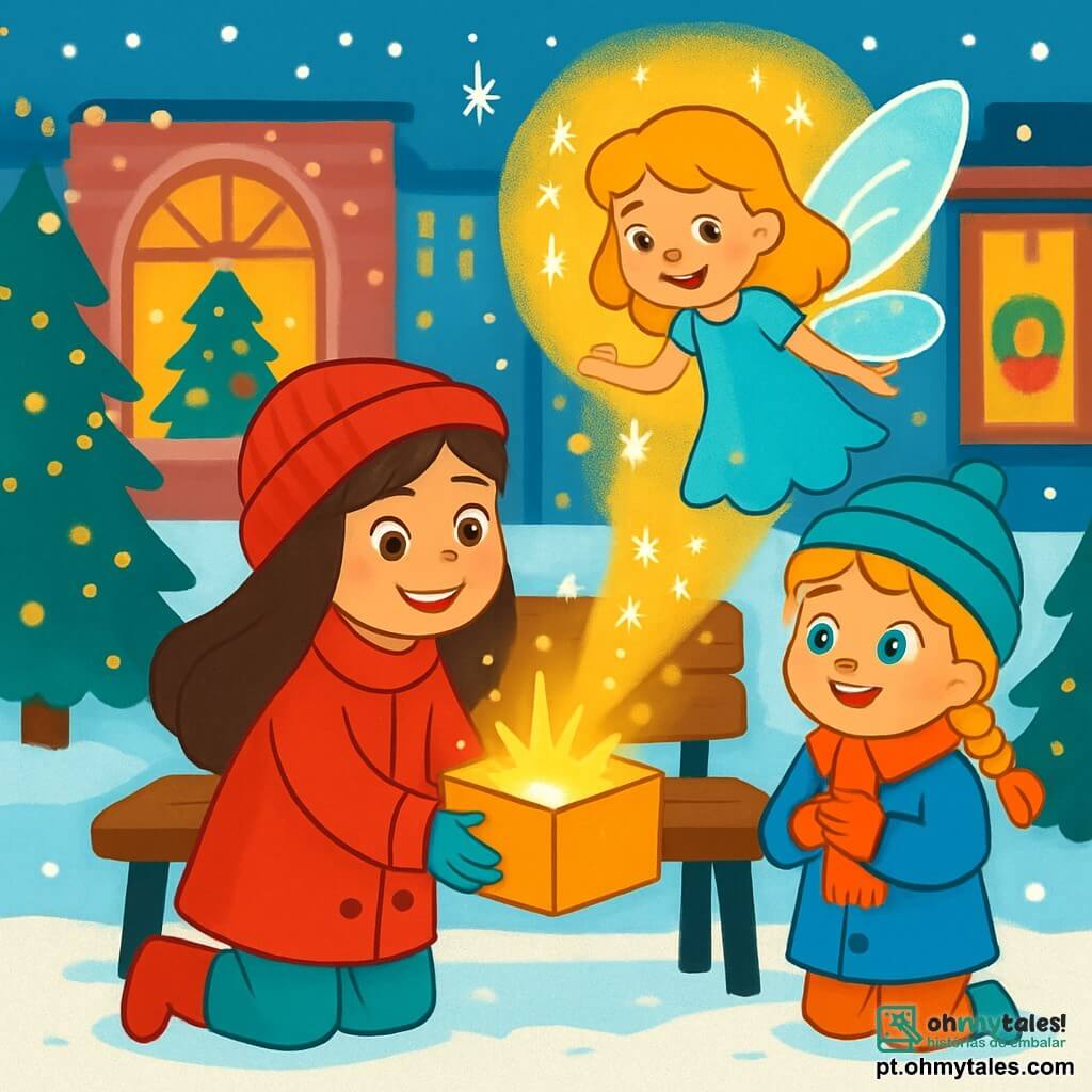Há 3 personagens: Sofia, uma menina de 8 anos com longos cabelos castanhos, vestindo um casaco vermelho vivo e um gorro de lã, sorrindo alegremente enquanto segura uma caixa dourada; Bia, uma menina de 7 anos com cabelos loiros trançados, vestida com um casaco azul e um cachecol rosa, olhando para a caixa com olhos arregalados, cheia de encantamento; e a Fada Nataline, uma pequena fada com asas cintilantes e um vestido azul, flutuando acima das meninas, com cabelos dourados e um sorriso radiante, cercada por um brilho dourado. O cenário é uma charmosa rua da cidade durante o Natal, com árvores decoradas com luzes e vitrines brilhantes. A neve cobre o chão, criando um tapete branco cintilante, enquanto flocos de neve caem suavemente do céu, adicionando à atmosfera mágica. A cena principal mostra Sofia e Bia descobrindo uma caixa dourada sob um banco, enquanto a Fada Nataline emerge da caixa, iluminando a cena com sua magia. As meninas estão maravilhadas e sorridentes, cercadas por decorações natalinas e a magia do inverno.