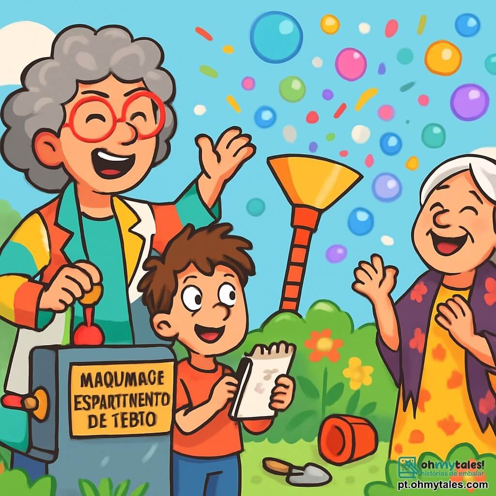 Dona Matilde, uma mulher de cabelos cacheados e grisalhos, usa um jaleco colorido e óculos redondos, sorrindo de excitação enquanto ativa sua Máquina de Espantamento de Tédio. Ao seu lado, o pequeno Joaquim, um menino de 8 anos com cabelos castanhos bagunçados, observa com olhos arregalados, segurando um pequeno caderno de esboços, pronto para desenhar as maravilhas da máquina. Mais adiante, Dona Bia, uma mulher idosa com cabelos prateados e um xale florido, ri alto, coberta de bolhas coloridas que flutuam ao seu redor. A cena acontece no jardim ensolarado de Dona Matilde, cheio de flores vibrantes e ferramentas espalhadas, com um céu azul claro ao fundo. A máquina, uma grande estrutura metálica colorida, emite bolhas multicoloridas e confetes, criando uma atmosfera alegre e festiva.