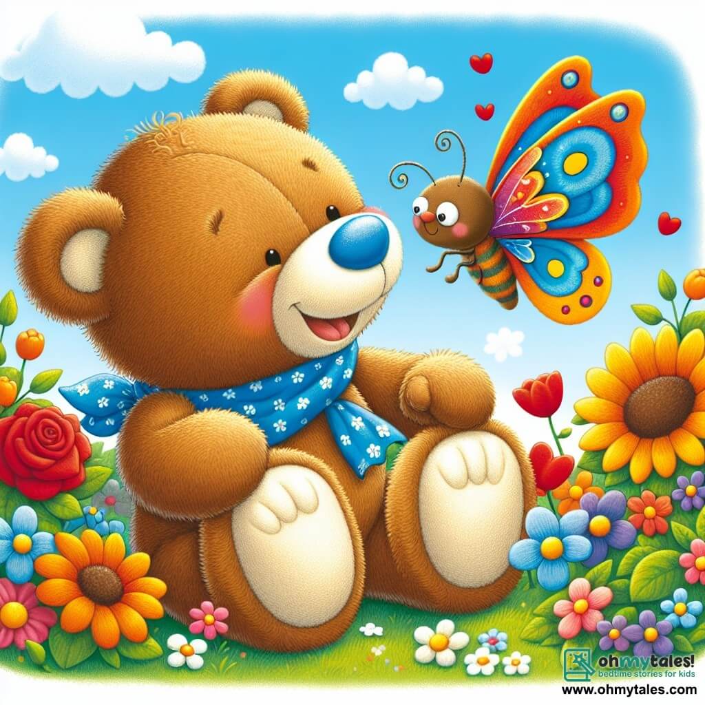 A teddy bear named Benny, with soft brown fur and sparkling eyes, is sitting in a colorful garden, laughing as a beautiful butterfly with multicolored wings lands on his nose. The butterfly, small and delicate with blue and orange patterns, seems joyful and playful, fluttering around Benny while dancing on a flower. The garden is filled with bright flowers, including red roses, yellow sunflowers, and violets, under a clear blue sky dotted with fluffy white clouds. Amused, Benny tries to dance by mimicking the butterfly's movements but slips and falls on his backside, creating a funny and joyful scene.