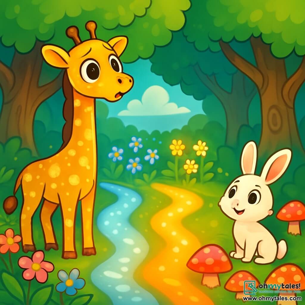 A majestic giraffe named Ginny stands at the edge of an enchanted forest, her large eyes shining with curiosity and concern. Her coat is dotted with golden spots that sparkle in the sun, and her long neck stretches toward the sky, as if seeking answers among the clouds. Beside her, a small rabbit with big ears, sparkling eyes, and soft white fur watches with excitement, ready to accompany her on her adventure. The setting is a magical forest with thick, gnarled trees, their vibrant green leaves forming a canopy of dappled light. Colorful flowers gently sway in the breeze, and brightly colored mushrooms grow around them, adding a touch of mystery. Ginny stands before three glowing paths: a silver-stone path, a singing flower path, and a talking mushroom path, each shimmering with unique magic. She hesitates, her heart racing, wondering which path to choose to find the enchanted jewel of the forest.