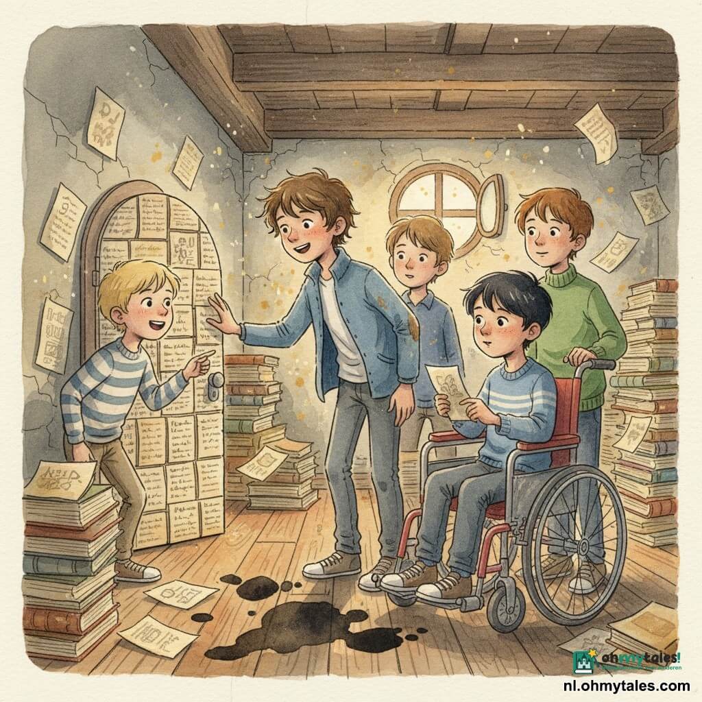 Er zijn vier jongens: Bram (ongeveer 8 jaar) met warrig bruin haar en een vervaagde blauwe jas staat in het midden met zijn hand op een klein deurtje gemaakt van beschreven bladzijden, hij zingt zacht en glimlacht geruststellend; Noor (ongeveer 7 jaar) met kort zwart haar zit vooraan rechts in een roodgeverfd metalen rolstoel en houdt een vergeeld blaadje met een tekening vast, verwonderde blik; Timo (ongeveer 7 jaar) blond met een gestreept hemd staat links en wijst op het deurtje, mond open van opwinding; Sander (ongeveer 7 jaar) kastanjebruin haar en een groene trui staat achter Bram en kijkt om zich heen, mengeling van nieuwsgierigheid en terughoudendheid. De plek is een oude bibliotheekzolder met donkere houten balken, stapels vergeelde bladen en boeken met gebarsten band, stofdeeltjes als gouden motten, inktvlekken vormen bewegende schaduwen op de houten vloer, warme diffuse lichtinval door een klein oculairraampje. Hoofdgebeuren: de jongens openen het kleine deurtje van bladzijden; binnen licht een dik boek zacht amberkleurig, inktnevels vouwen zich tot minder dreigende silhouetten, pagina’s fladderen licht — sfeer tegelijk onheilspellend en troostend, aquarelpalet van okers, sepia, indigo en ambertinten.