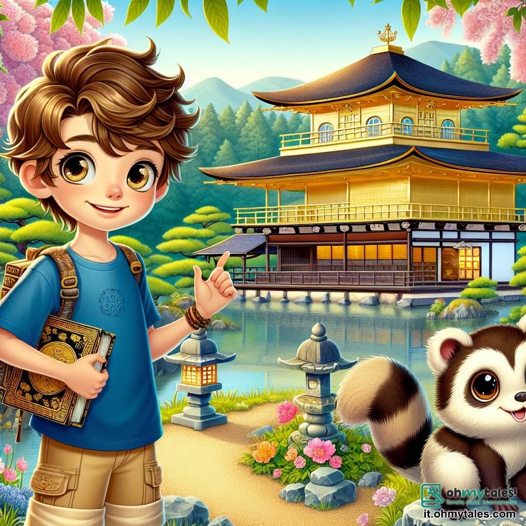 Un ragazzo di 10 anni, Luca, si trova davanti al maestoso Tempio di Kinkaku-ji, il Padiglione d'oro, con uno sguardo meravigliato sul volto. Ha capelli castani disordinati, occhi pieni di curiosità e indossa una maglietta blu e pantaloni corti beige. Nelle sue mani tiene un antico libro giapponese con pagine ingiallite, mentre la sua Scatola dei Ricordi è appesa al suo braccio. Accanto a lui, Kenta, un piccolo tanuki dai peli marroni e neri, con grandi occhi maliziosi, sorride mostrando una porta segreta dietro un arazzo. Il decor è incantevole: il tempio è circondato da giardini lussureggianti, con ciliegi in fiore e uno stagno scintillante che riflette la bellezza dorata dell'edificio. La scena principale mostra Luca e Kenta che scoprono la porta segreta del tempio, pronti a entrare in una stanza misteriosa piena di tesori antichi e segreti da esplorare.