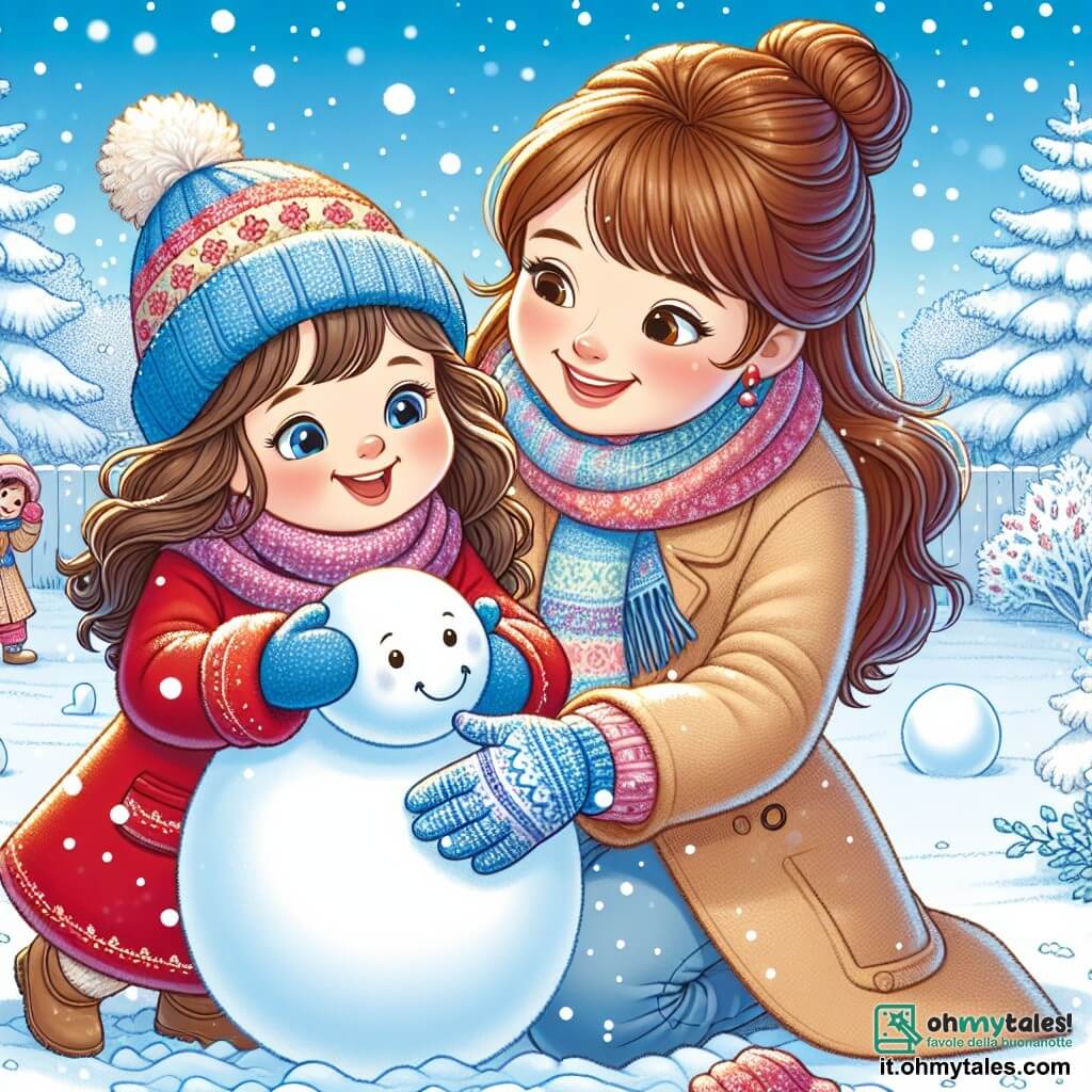 Una bambina di 5 anni, Sofia, con lunghi capelli castani e guance rosate, sorride felicemente tenendo una grande palla di neve tra le braccia. Indossa un cappotto rosso vivo, un berretto di lana blu e guanti abbinati, circondata da un'aura di felicità ed eccitazione. Accanto a lei, sua madre, una donna di circa 30 anni con capelli castani raccolti in uno chignon e un sorriso caloroso, la aiuta a modellare un grande pupazzo di neve. Indossa un cappotto beige e una sciarpa colorata, guardando Sofia con tenerezza. Lo scenario si svolge in un giardino innevato, dove la neve scintilla sotto il sole invernale, con alberi coperti di neve, fiocchi che cadono dolcemente e un cielo blu chiaro che contrasta con il bianco splendente del terreno. La scena principale mostra Sofia e sua madre mentre costruiscono un pupazzo di neve insieme, ridendo e divertendosi, mentre le impronte nella neve testimoniano la loro gioia e complicità.