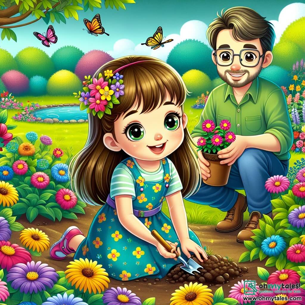 A 5-year-old girl named Lily, with long brown hair and sparkling eyes, is planting flowers in a colorful garden. She wears a lovely blue dress with yellow flowers and has dirt on her hands, displaying a big smile, full of enthusiasm and pride. Next to her, a man in his thirties, Mr. Green, wearing a green shirt and glasses, watches with a kind smile. He holds a small shovel and shows Lily how to plant the flowers correctly, standing slightly back to give her space. The garden is filled with vibrant flowers of all colors, butterflies flutter around, and a small pond sparkles in the sun nearby, surrounded by lush greenery. Birds sing in the trees, adding a joyful atmosphere to the scene. The main focus is on Lily, happy and focused, planting flowers to attract butterflies while Mr. Green explains the importance of caring for nature.