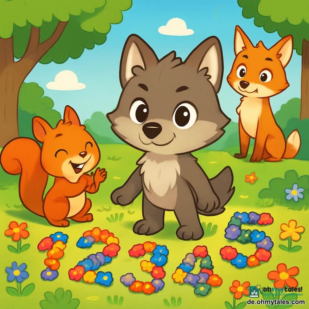 Lino, ein kleiner Wolf mit glänzenden Augen und weichem graubraunem Fell, steht entschlossen und stolz in der Mitte der Szene. Er ist von bunten, blumenförmigen Zahlen umgeben, die er mit bunten Steinen gestaltet hat, und lächelt stolz über seine Kreationen. Rechts von ihm ermutigt Mimi, ein kleiner, lebhafter Eichhörnchen mit funkelnden Augen und rotem Fell, ihn mit einem breiten Lächeln und erhobenen Pfoten. Im Hintergrund beobachtet Felix, ein leuchtend orangefarbener Fuchs, mit einem Ausdruck von Überraschung und Bewunderung, während er über seine vergangenen Taten nachdenkt und ein leichtes Lächeln auf seinem Gesicht erscheint. Die Szene spielt in einer sonnigen Lichtung im Wald, umgeben von majestätischen Bäumen mit lebhaft grünen Blättern und einem bunten Blumenboden. Der Himmel ist blau mit ein paar fluffigen weißen Wolken, was eine fröhliche und einladende Atmosphäre schafft. Lino zeigt stolz seinen bunten Zahlen-Garten und feiert die Vielfalt des Lernens und Fühlens, während das Sonnenlicht ihre Freundschaft erhellt.