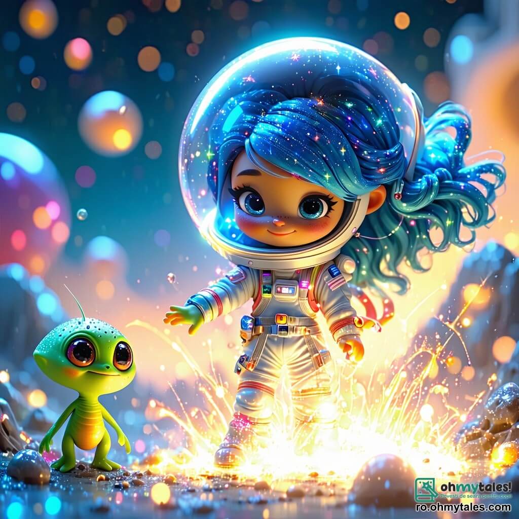 În centrul imaginii, Lira, o tânără cu părul lung și ondulat de culoare albastră, stă cu o privire determinată și uimită. Ea poartă o costum de astronaut strălucitor, împodobit cu stele, iar ochii ei strălucesc de emoție în timp ce întinde mâna spre un glob luminos care flotă în fața ei, emanând culori vii. Lângă ea, Zog, un mic extraterestru cu ochi rotunzi și curioși, cu piele verde și antene delicate, o privește pe Lira cu admirație, arătând spre globul luminos cu o expresie de bucurie copilărească. Fundalul este o sală vastă plină de cristale strălucitoare, unde lumini colorate dansează pe pereți. Tavanul este boltit și presărat cu stele strălucitoare, creând o atmosferă magică. Situația principală o prezintă pe Lira, pregătită să apuce puterea globului magic, în timp ce o umbră amenințătoare se conturează în fundal, adăugând o tensiune palpabilă imaginii.