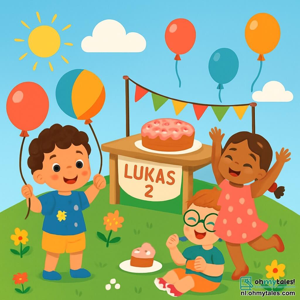 Een jongetje van 2 jaar, met krullend haar en sprankelende ogen, glimlacht verwonderd terwijl hij een gekleurde ballon vasthoudt. Hij draagt een blauwe t-shirt met sterren en een gele short, omringd door zijn vrienden. Een meisje van 3 jaar, met vlechten en een roze jurk met stippen, danst vrolijk naast hem met haar armen in de lucht. Een jongetje van 4 jaar, met een bril en een groene t-shirt, zit op het gras en geniet met een grote glimlach van een stuk taart. De achtergrond is een groene heuvel vol kleurrijke bloemen onder een stralende blauwe lucht. Ballonnen zweven in de lucht en een grote tafel is versierd met slingers en een prachtige roze taart met sprinkles. De scène toont het magische moment waarop alle vrienden samenkomen om Lukas' verjaardag te vieren, vol vreugde en gelach in een feestelijke en heldere sfeer.