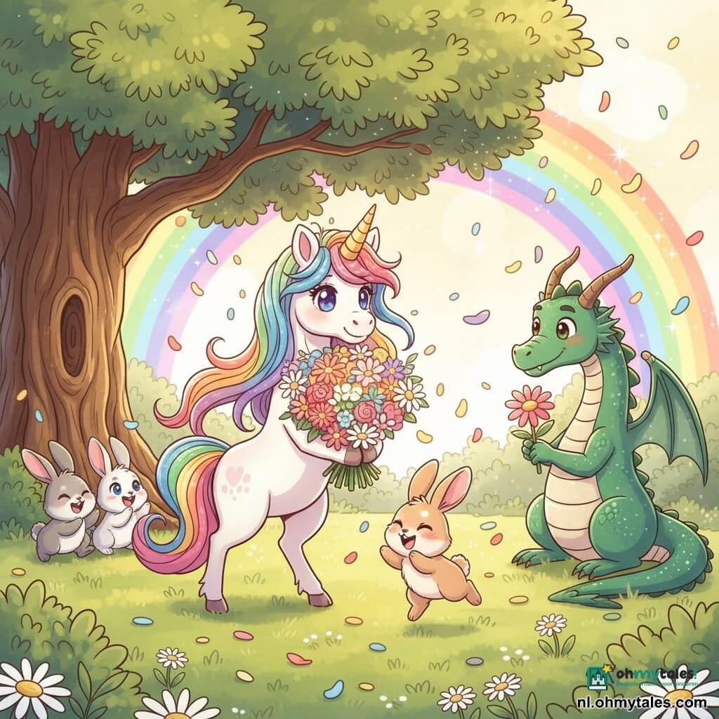 Een vrolijke, welwillende eenhoorn (hoofdpersonage) met glanzende regenboogmanen, parelwit vachtje en een klein goudkleurig hoornje houdt moedig een groot boeket kleurrijke bloemen vast; het konijntje Flappie (bijpersonage) met roze oren en beige pluizige vacht springt blij naast haar en kijkt naar de andere konijntjes; drie kleine konijnenvriendjes (grijs, wit, gevlekt) zitten bijeen onder een grote eik, klappen en lachen; een indrukwekkende maar ongevaarlijke smaragdgroene draak met glanzende schubben zit aan de rand van de open plek, houdt een reuzenbloem vast en kijkt bewonderend naar het boeket; scène op een met goud licht overgoten open plek met groene gras en madeliefjes, vallende bloemblaadjes en een glinsterende regenboogboog op de achtergrond — de confrontatie verandert in vrede terwijl de eenhoorn en vrienden het boeket aan de draak aanbieden, warme triomfantelijke sfeer, felle pastelkleuren, zachte lijnen, overdreven lieve gezichtsuitdrukkingen, duidelijke compositie gecentreerd op de eenhoorn, kinderlijke manga‑stijl.