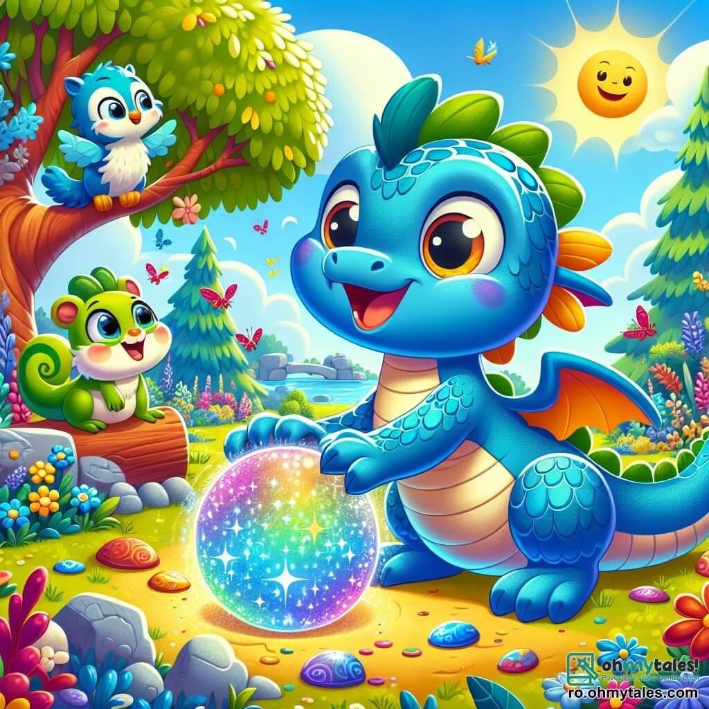 Zuzu, un dragonel albastru cu solzi strălucitori și ochi curioși, sare fericit peste o minge magică colorată, zâmbind. Lângă el, Piki, o broască verde cu pete galbene, se pregătește să sară, plină de entuziasm. Lili, un veveriță roșcată, stă puțin mai în spate, cu labele pe șolduri, având o expresie hotărâtă, gata să rezolve misterul. Scena are loc în curtea școlii Copiii Pădurii, un loc însorit plin de flori colorate, copaci mari cu frunze strălucitoare și un mic iaz aproape. În fundal, păsările cântă în crengi, adăugând o notă de magie atmosferei. Zuzu și prietenii săi sunt în plină anchetă, căutând mingea magică dispărută, înconjurați de râsete și bucurie, în timp ce soarele strălucește pe cerul albastru.
