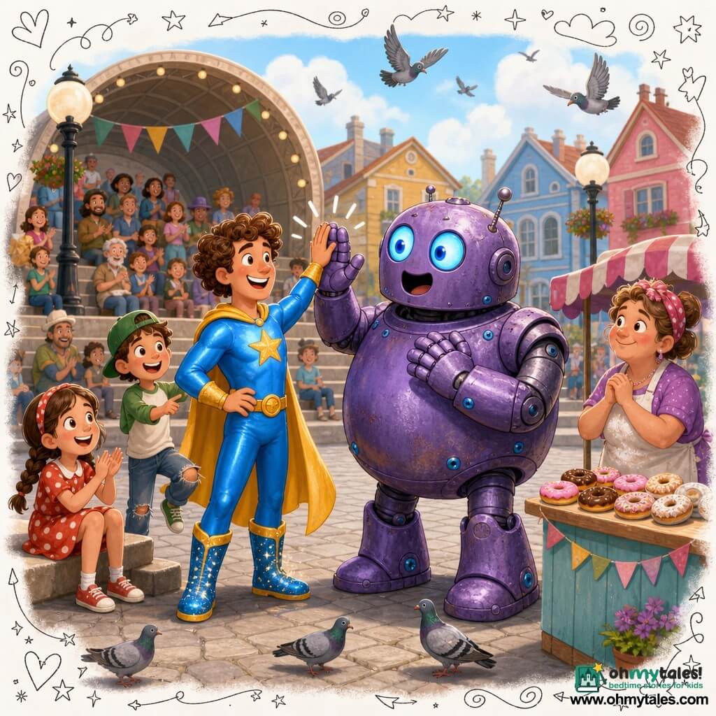 A smiling, cheerful man—Dynamo Dave—with bouncy brown curls, a shiny blue suit, yellow cape and sparkling boots reaches for a high-five, radiating kindness; a large playful rounded purple robot with glowing light‑blue round eyes and textured metal surface with blue screws raises its cold hand to meet it, looking amazed; nearby a 7‑year‑old braided girl in a red polka‑dot dress sits on a step clapping, an excited 8‑year‑old boy in a green cap and ripped jeans stands pointing, and a flour‑dusted baker woman (~45, Mrs. Parrot) behind a donut stall smiles; the gray cobbled town square is lined with small colorful houses, pigeons in flight, round lampposts and a semicircular stage with seated townspeople; a warm moment of a communal high-five calming a playful robot, bright contrasting colors, dynamic motion, clear textures and soft contours, composition centered on Dave and the robot.