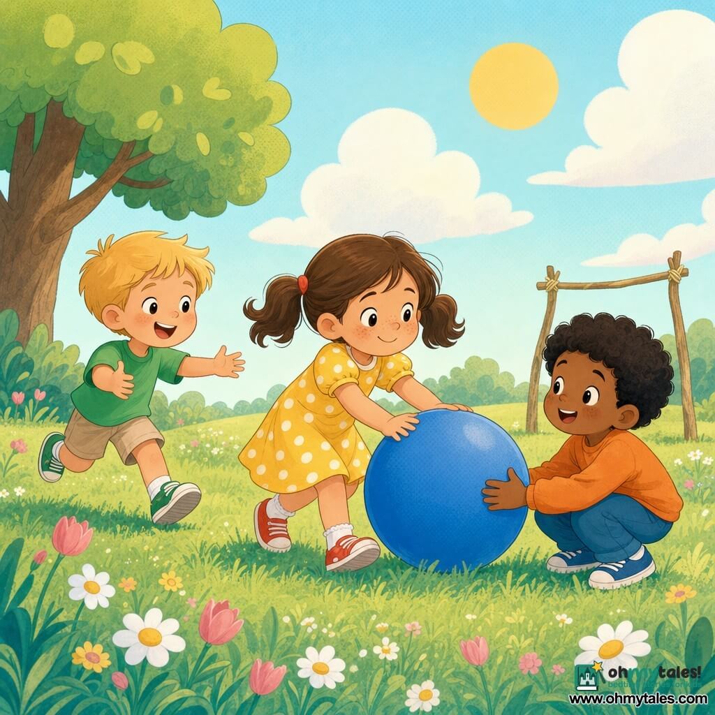 Three children: a 6-year-old girl with brown pigtails, a freckled round face, wearing a yellow polka-dot dress and red sneakers at the center gently pushing a large blue ball; a 6-year-old blond boy in a green t-shirt and beige shorts at left running toward the ball smiling with arms open; a 6-year-old boy with curly black hair and tan skin in an orange hoodie and blue sneakers at right crouching to pick up the ball and looking at his friends. Setting: grassy park with colorful flowers (white daisies, small pink tulips), a small goal made of two sticks in the background, a round-leaved tree at left, and a pastel sky with a soft sun and fluffy clouds. Main scene: the children play together, laughing and passing the ball; warm atmosphere, bright colors, rounded shapes, clear composition for toddlers.