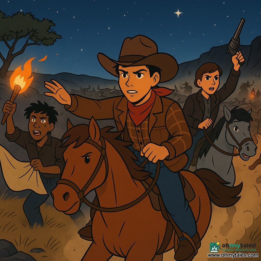 A teenage boy (about 16), determined and focused, face lit by an orange glow, wearing a wide brown cowboy hat, red bandana, plaid shirt and worn leather jacket, gallops on a chestnut horse with his hand raised to guide a panicking herd; nearby, a slightly younger boy (15–17) with tousled hair and a soot-smudged face, brave and breathless, waves a torch spitting bright flame and flaps a large beige cloth as a signal beside an isolated mesquite at the edge of a rocky ravine; a young woman (about 18) with a fierce, protective look, short brown hair and dark jacket, rides a gray horse to the right of the herd, pistol raised to scare distant silhouettes; in the background two small, threatening rustlers with a flickering red lantern stand south at the dust cloud’s edge; the nighttime prairie is dry with low yellow grass, a deep starry blue sky with one particularly bright star to the north, and the scene is dominated by a massive, dust‑clouded, panicking herd while riders shout and maneuver to steer the animals away from the ravine, lit by the torch’s orange flame against the cold starlight.
