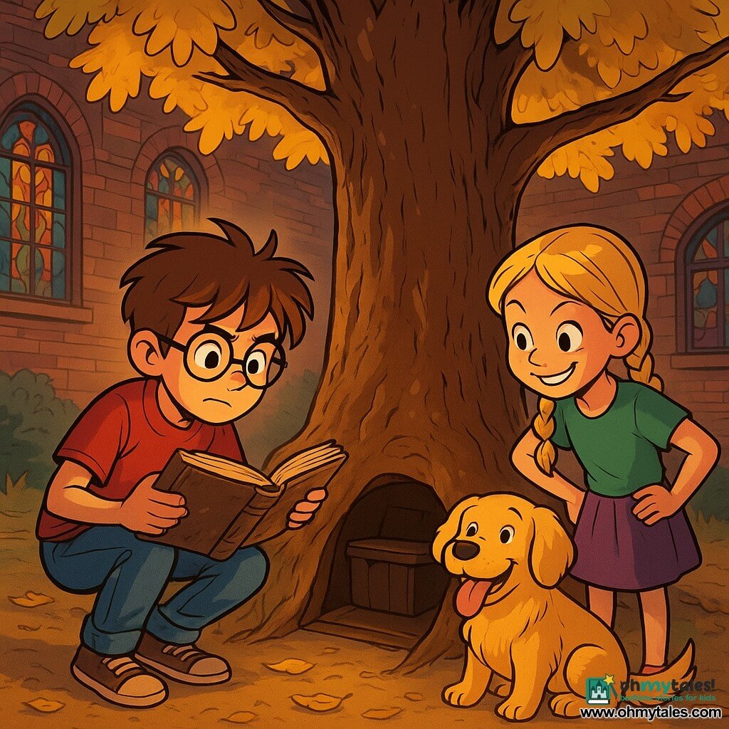 A young boy, Alex, about 10 years old, with messy brown hair and round glasses, shows a determined and curious expression. He is crouched near a large oak tree in a library courtyard, holding a dusty old book in his hands, his eyes shining with excitement. Next to him, a 9-year-old girl, Emily, with braided blonde hair and a mischievous smile, attentively observes the book, her hands on her hips. Max, a cheerful golden retriever, stands at their feet, tongue out, ready to jump. The scene takes place in a library courtyard, surrounded by old brick walls and large stained glass windows. A majestic oak tree stands in the center, its golden leaves gently falling to the ground. Alex and Emily discover a secret compartment at the base of the tree, revealing a mysterious book, while the setting sun bathes the scene in a soft golden light, creating a magical and mysterious atmosphere.