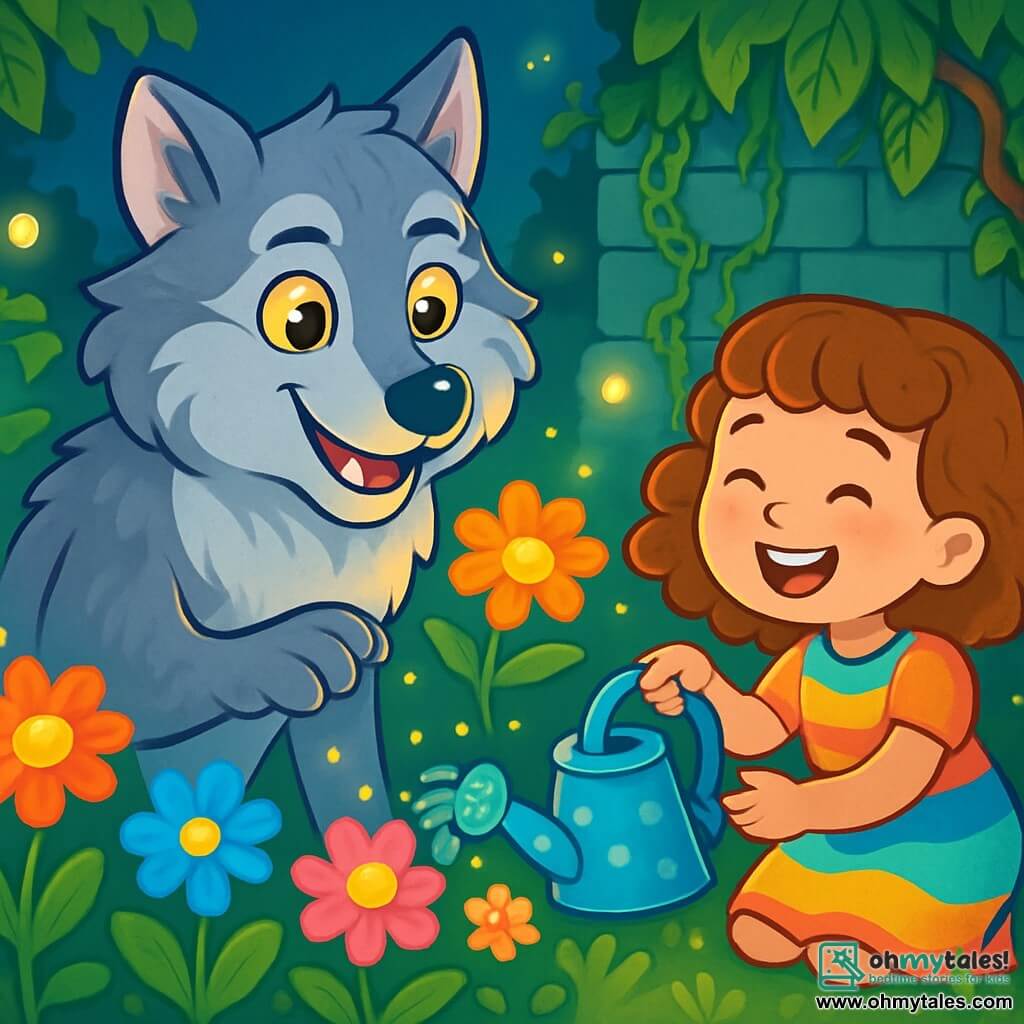 A majestic werewolf with shiny silver fur and kind sparkling golden eyes stands at the center of the scene, wearing a warm smile. He is playing with bright flowers in a magical garden. Next to him, an 8-year-old girl with curly hair and a colorful dress joyfully waters the flowers with a sparkling watering can. The garden is filled with vibrant flowers illuminated by fireflies, creating a soft and enchanted atmosphere. In the background, old stone walls covered in moss and lush vines rise up, adding a sense of mystery and magic. The main scene shows the werewolf and the girl sharing a moment of happiness, surrounded by the beauty of the enchanted nature.