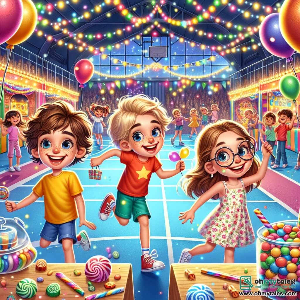 In the foreground, Leo, a 10-year-old boy with messy brown hair and a bright red t-shirt, smiles enthusiastically while holding a treasure note. Next to him, Max, a 10-year-old boy with blonde hair and round glasses, jumps for joy, holding a colorful balloon. Mia, a 9-year-old girl with long curly hair, wears a floral dress and curiously looks at a jar filled with candies, her eyes sparkling with excitement. 

In the background, the school gym is transformed into a vibrant carnival, decorated with colorful garlands, floating balloons, and game stalls. Twinkling lights illuminate the space, while a large painted wooden sign announces "Spectacular Carnival."

The scene shows the three friends on a treasure hunt, surrounded by laughter and colors, as they discover hidden clues under the festive decorations, ready for an unforgettable adventure.
