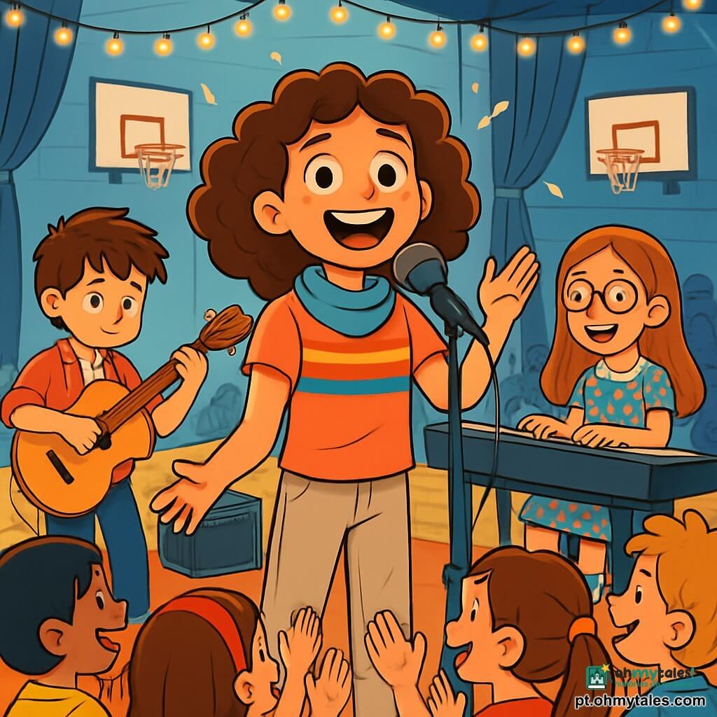 Uma jovem, Marina, está no centro de um grande ginásio transformado em palco, seu rosto iluminado por um sorriso radiante e olhos brilhantes de excitação. Ela usa uma camiseta colorida e um cachecol macio, com cabelos cacheados ao redor do rosto. Ela canta com paixão, sua voz parecendo dançar no ar. À sua direita, um garoto, o guitarrista, de cerca de 12 anos, ajusta sua guitarra com um olhar concentrado, enquanto à sua esquerda, uma menina, a pianista, de aproximadamente 11 anos, com óculos redondos e um vestido florido, toca notas leves no piano, seu rosto radiante de alegria. O ginásio é amplo, com paredes pintadas de azul claro e cortinas pretas escondendo cestas de basquete. Tapetes macios cobrem o chão e luzes cintilantes pendem do teto, criando uma atmosfera mágica. A cena principal mostra Marina liderando seus amigos músicos, as crianças aplaudindo e batendo palmas em ritmo, criando uma atmosfera alegre e colaborativa, fascinadas pela música.