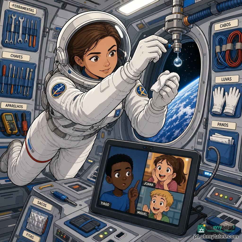 Mulher astronauta, rosto determinado e benevolente, cabelo castanho reunido sob um capacete translúcido, expressão concentrada e sorridente, veste traje espacial branco com emblemas coloridos; flutua usando uma pequena chave de fenda e um pano para apertar uma abraçadeira e limpar uma minúscula gota de água brilhante. Joana (≈11 anos) aparece num ecrã de vídeo, rosto maravilhado, rabo de cavalo castanho, segura um smartphone em plano próximo com luz quente; Tiago (≈12 anos) no lado esquerdo do ecrã, cabelo preto, sobrancelha franzida, levanta um dedo como para perguntar; Miguel (≈11 anos) no canto inferior direito, loiro, risonho e entusiasmado, faz um gesto de aplauso com a luz do ecrã iluminando o rosto. Local: interior de um módulo espacial moderno, paredes metálicas cinza com painéis de botões, prateleiras com ferramentas presas por velcro, cabos organizados e etiquetas multilíngues; grande escotilha oval mostra a Terra azul ao fundo. Situação: reparo delicado em microgravidade — uma gota minúscula próxima a uma junção; a astronauta manipula calmamente ferramentas e panos enquanto quatro crianças acompanham por videoconferência; cena luminosa, cores nítidas e detalhes técnicos visíveis (parafusos captivos, filtros, etiquetas).