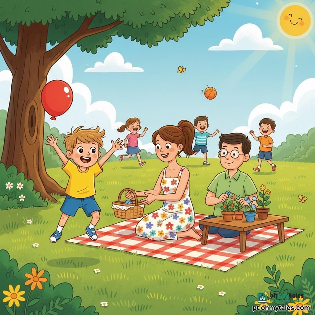 Menino de 6 anos, alegre, cabelo castanho-claro bagunçado, camiseta amarela e short azul, pulando na relva com os braços levantados e segurando uma bola vermelha; mulher (mãe) de cabelo castanho preso em rabo de cavalo, sorriso suave, vestido floral, sentada numa grande manta xadrez oferecendo uma cesta de piquenique; homem (pai) de camisa verde-clara e óculos, regando pequenas plantas em vasos junto a uma mesa baixa, em pé ao lado da manta; crianças (5–7 anos) ao fundo correndo e rindo com uma bola laranja no ar; parque: ampla pradaria verde, relva texturizada, grande árvore de tronco retorcido que faz sombra, flores silvestres coloridas e borboletas amarelas; céu azul-claro com nuvens fofas e sol quente no canto superior direito; cena principal: piquenique de verão alegre e animado, cores vivas, silhuetas simples, expressões claras e gestos dinâmicos.