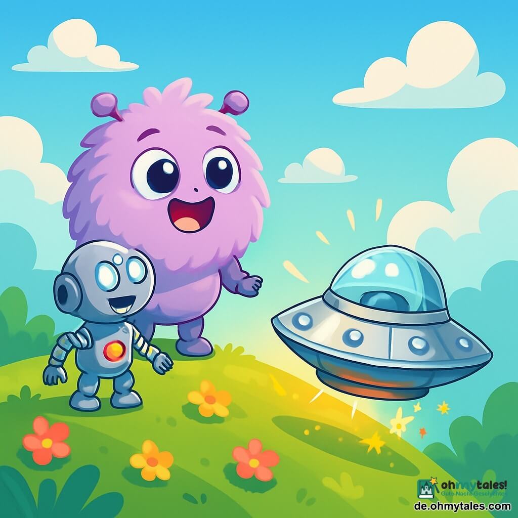 Astro-Flauschi, ein kleiner runder Außerirdischer mit lilafarbenem Fell und leuchtenden Augen, steht auf einem Hügelgipfel, die Augen weit aufgerissen vor Staunen und mit einem strahlenden Lächeln im Gesicht. Neben ihm schaut Pip, ein kleiner silberner Roboter mit beweglichen Armen und blinkenden Lichtern, mit einer Miene der Aufregung und Neugier auf das Raumschiff, seine leuchtenden Augen funkeln in der Sonne. Der Ort ist ein grüner Hügel auf dem Planeten Plüschon, übersät mit bunten Blumen und flauschigen Wolken in einem strahlend blauen Himmel. Unten glänzt ein silbernes Raumschiff, das Funken sprüht und fröhliche Geräusche von sich gibt, umgeben von einer geheimnisvollen Aura. Die Hauptsituation zeigt Astro-Flauschi und Pip, die staunend und neugierig langsam auf das Raumschiff zugehen, bereit zu entdecken, was sie im Inneren erwartet.