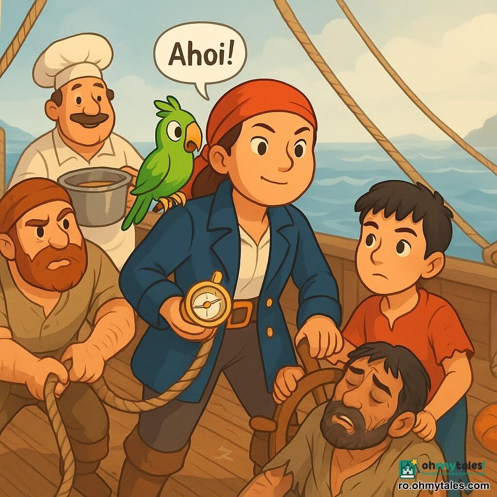 O căpitană pirat de circa 35 de ani, față rotundă zâmbitoare dar concentrată, păr brun prins sub un fular roșu, mantou scurt bleumarin, ține o busolă mică strălucitoare într-o mână și o funie în cealaltă, stând la mijlocul pupa navei, privire hotărâtă și postură curajoasă; un băiat de ~12 ani, Toma, cu păr negru scurt și privire vioaie, ține cârma la tribord chiar în fața căpitanului și urmărește busola; un bărbat epuizat ~40 ani, Iancu, ud și cu haine rupte, sprijinit de bastingaj aproape de prova cu o pătură pe umeri, cu expresie de ușurare; un marinar cu barbă ~50 ani, Nelu, trage o funie la bâbord, barbă roșcată și musculatură proeminentă; un bucătar rotund ~45 ani, Radu, zâmbește în fundal ținând o oală; un papagal mic verde aprins, Pufi, pe umărul căpitanului, pene zburlite, strigând ahoi, adaugă un ton comic. Punte din lemn lacuit maro cu corzi și butoaie, săgeți desenate cu cretă albă, colaci portocalii legați de coardă de-a lungul coquei; ceață argintie joasă, raze de soare străpungând ceța, valuri mici albastre-gri și câteva stânci întunecate la orizont. Scena principală: salvare tandră și eroică — căpitanul trage bărbatul epuizat la bord sub o lumină blândă, ceilalți ajută, atmosferă de solidaritate și ușurare, culori calde pentru personaje și tonuri pale pentru fundal; stil desen animat 2D, contururi clare, culori saturate, expresii lizibile și gesturi simple, compoziție clară centrată pe acțiunea de salvare.