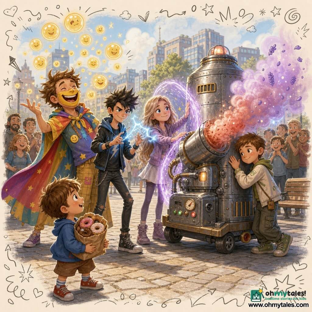 Milo is a round-faced man with tousled hair, wearing a smiling yellow mask and colorful cape, laughing and releasing glowing laugh-bubbles; Zed is a slim teen boy with spiky hair and a mischievous look, sparking blue sparks between his fingers beside Milo; Liora is a long-haired, fair-skinned teen girl with a gentle gaze, forming a protective violet light bubble around the machine's nozzle; Nico is a smaller teen boy with short hair, touching the Mega-Mist 3000 and speaking to it softly with a shy smile; Puck is a brown-haired seven-year-old clutching a bag of donuts in the foreground, admiring the heroes; the scene takes place on a modern urban square with cobbles, benches and light panels, the Mega-Mist 3000 blowing an irritating reddish pepper vapor that gradually becomes a calming lavender mist as the team soothes the crowd—smiling relieved onlookers in the background—rendered in a colorful, high-contrast, rounded style with chalky textures and playful doodles of stars, musical notes and ticklish noses.
