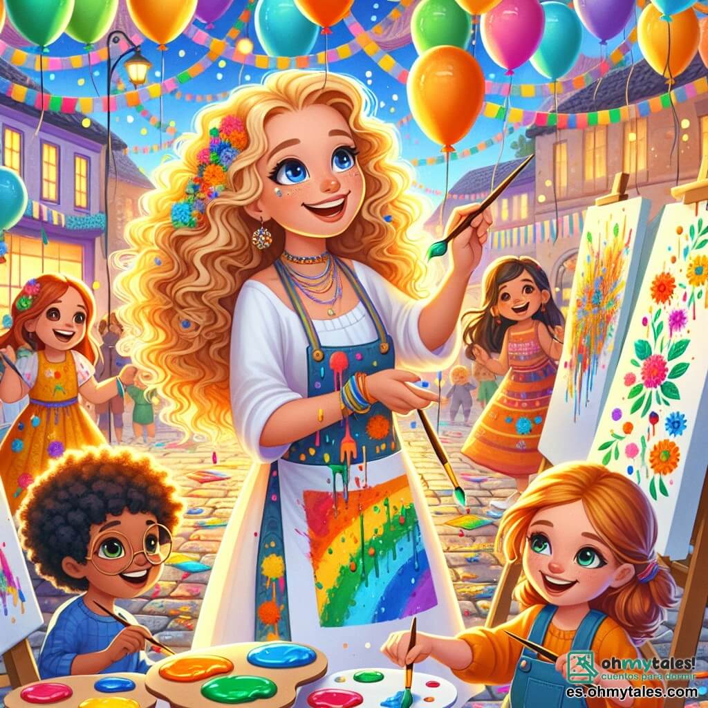 Clara, una mujer de cabello rizado y dorado, irradia alegría mientras se encuentra en el centro de una gran plaza colorida, rodeada de globos flotantes. Lleva un delantal salpicado de pintura y sostiene un pincel en una mano, sonriendo a los niños que la rodean. Leo, un niño de 8 años con grandes gafas y una camisa azul, está inclinado sobre un lienzo, añadiendo toques de amarillo brillante a una hoja que acaba de pintar. Valentina, una niña de 7 años con cabello castaño y ojos brillantes, está a su lado, sosteniendo un pincel y mirando con asombro su propio jardín colorido que acaba de crear. La escena tiene lugar en una plaza animada, decorada con guirnaldas de colores vivos y grandes hojas de papel colgadas de los árboles, donde las risas de los niños resuenan en el aire. Clara guía a los niños en la creación de un mural comunitario, cada uno añadiendo su toque personal a un gran árbol colorido, simbolizando la unidad y la creatividad.