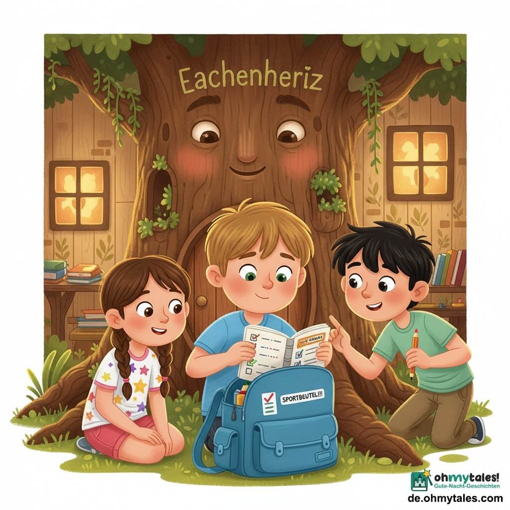 Der zehnjährige Tom hat ein rundes Gesicht, kurz hellbraune Haare, große grüne Augen und ein schüchternes Lächeln; leicht nervös aber konzentriert hält er einen offenen Planer in der einen Hand und klebt einen kleinen Aufkleber „SPORTBEUTEL!!!“ in seinen offenen Ranzen, neben ihm sitzt die etwa zehnjährige Mina mit braunen Zöpfen, farbigem T‑Shirt mit Sternaufklebern und Short, sie lächelt ermutigend und beugt sich zu ihm, im Hintergrund reicht der neugierige, unordentliche zehnjährige Leon mit schwarzem Haar einen leicht abgenutzten Bleistift, und im Hintergrund steht die anthropomorphe Eichenherz‑Schule als großer Eichenbaum mit strukturierter Rinde, sanften Augen im Stamm, runder Holztür und quadratischen Fensteröffnungen mit Gräsern und Lianen; das Innere wirkt warm mit hellen Holzpaneelen, bunten Heften und gemalten Blättern an den Wänden, goldenem Licht durch die Äste — Szene: kameradschaftlicher erster Schultag, Tom packt sorgfältig seinen Ranzen anhand einer kleinen Checkliste, Mina und Leon helfen, Atmosphäre beruhigend, farbenfroh und leicht magisch, grafischer Stil: weiche gesättigte Farben, sichtbare Holz‑ und Stofftexturen, subtile Schatten, Komposition auf offenen Ranzen und Planer zentriert.