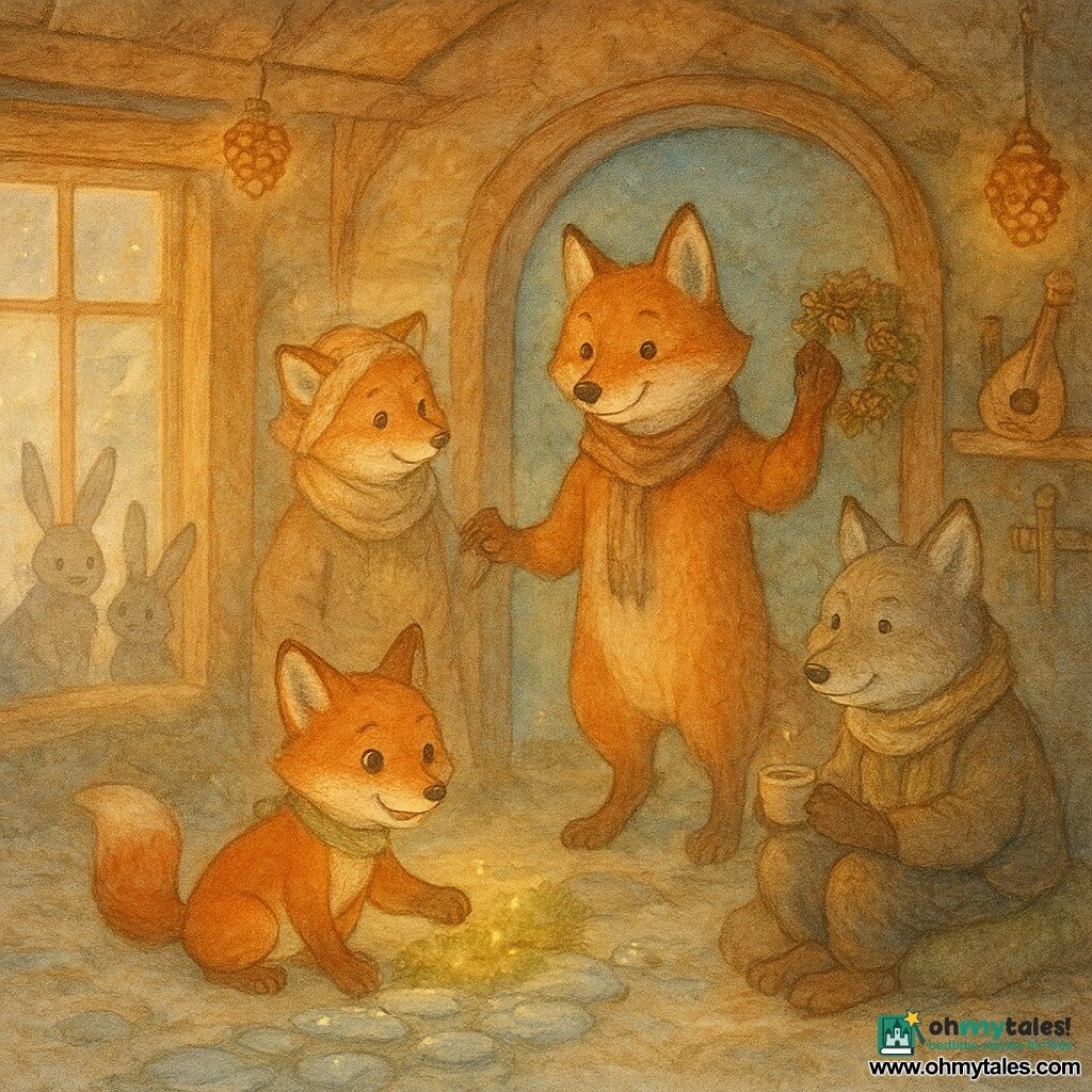 An anthropomorphic red fox (the main character) stands by a wooden window with a warm smile and gentle eyes, waving; Aunt Maple, an older vixen, stands behind him tenderly adjusting a pinecone garland; young Cousin Juniper crouches by a circle of snack stones, eyes bright as they place glowing moss on small ice pebbles outside; Grandpa Bramble, a grizzled fox, sits on a foam cushion calmly holding a small cup beside a polished wooden bowl for wishes; two shy gray rabbits watch at the tree line, one tentatively raising a paw; the warm wooden den has fur rugs, hanging pinecone lanterns, handmade instruments, soft light and faint wood smoke, while outside a winding path of translucent ice and mossy stones leads to the window and snow reflects the lanterns’ golden glow — an intimate, slightly magical New Year family moment.