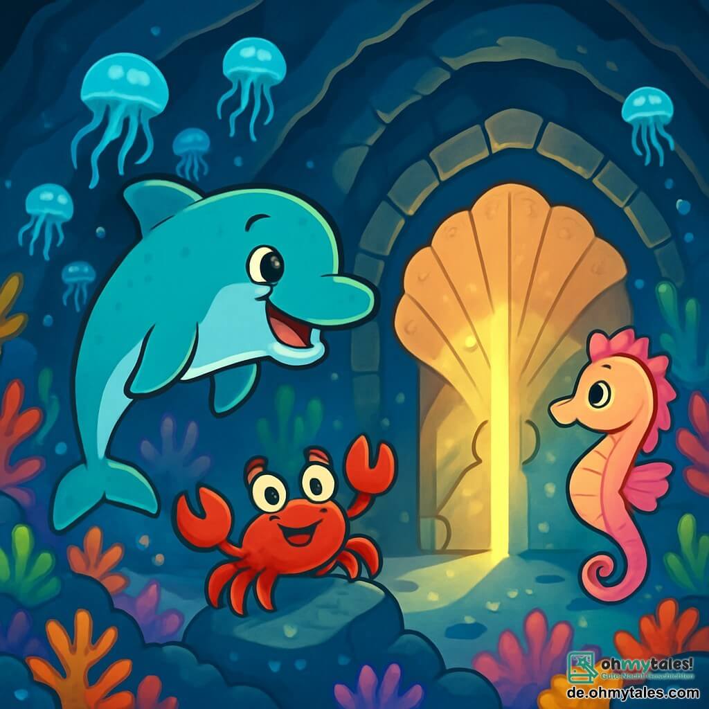 Im Herzen einer wunderschönen Unterwasserhöhle schwimmt ein kleiner Delfin namens Finn, mit türkisblauen Schuppen und einem strahlenden Lächeln, voller Begeisterung, seine Augen funkeln vor Neugier und Aufregung. Neben ihm klettert ein kleiner, leuchtend roter Krebs namens Max mit glänzenden Scheren und schelmischen Augen auf einen Stein und beobachtet aufmerksam die Umgebung, während ein zarter Seepferdchen namens Luna in Pastellfarben und mit durchsichtigen Flossen anmutig schwebt, ihr Gesicht strahlt Entschlossenheit aus. Die Höhle ist von Tausenden schimmernder Quallen erleuchtet, deren Lichter auf den mit bunten Korallen bedeckten Felswänden tanzen. Finn, Max und Luna stehen vor einer großen Muschel-Tür, die bereit ist, geöffnet zu werden, während ein geheimnisvoller Lichtstrahl aus dem Inneren hervortritt und ein unglaubliches Abenteuer verspricht.