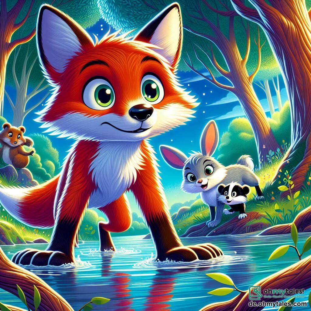 Ein junger Fuchs mit leuchtenden Augen und strahlend rotem Fell steht mutig am Ufer eines Sees, sein Blick ist entschlossen und neugierig. Er ist von leichter Nebel umgeben, der um ihn tanzt und seiner mutigen Miene einen Hauch von Geheimnis verleiht. Neben ihm beobachtet eine kleine silberne Häsin, Lira, mit sanften Augen und besorgtem Ausdruck den See, bereit ihm zu helfen. Ein Stück weiter lächelt ein schlauer Dachs, Grom, mit schwarz-weißem Fell verschmitzt und zeigt ein selbstbewusstes, ermutigendes Gesicht. Die Szenerie ist eine zauberhafte Landschaft, in der majestätische Bäume mit knorrigen Stämmen um den See aufragen, deren Blätter im Morgenlicht funkeln. Die Wasseroberfläche ist ruhig wie ein Spiegel und spiegelt den blauen Himmel mit fluffigen Wolken wider. Die Hauptsituation zeigt den jungen Fuchs, der sich darauf vorbereitet, in den geheimnisvollen See zu springen, entschlossen, seine Ängste zu überwinden und das Geheimnis zu entdecken, das darin verborgen ist, während seine Freunde ihn mit hoffnungsvollen Blicken ermutigen.