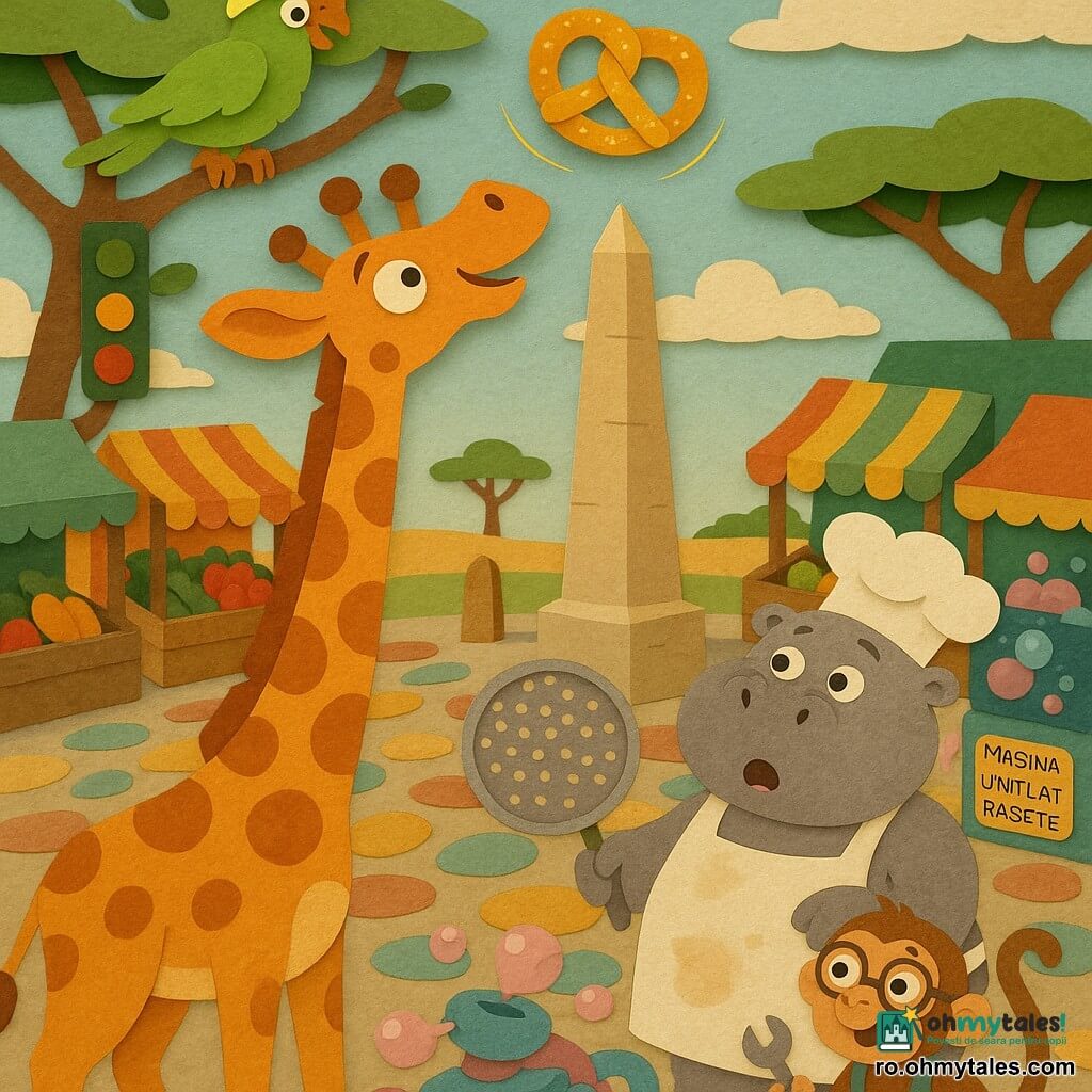 O girafă zâmbitoare și curioasă, cu gât lung pătat portocaliu și crem și ochi rotunzi jucăuși, își întinde gâtul spre cer pentru a prinde un covrig auriu care se rotește zburând; un papagal verde aprins cu o paiuță în formă de pălărie de banană, așezat pe o ramură de acacia în stânga, indică cu ciocul covrigii zburători; un hipopotam cofetar rotund, cu șorț alb pătat de făină, ține o sită mare de bule în dreapta girafei, gâfâind și surprins; o mică maimuță inventatoare cu ochelari rotunzi și centură de unelte stă lângă o mașină colorată numită „Mașina de Umflat Râsete”, care suflă bule dulci pe fundal; piața savanei: pavele colorate, un obelisc de piatră în centru, tarabe multicolore, un acacia cu semafor din frunze și nori pufoși aranjați ca la coadă; scena principală: covrigi aurii și strălucitori plutesc și se rotesc în jurul obeliscului, iar girafa întinde gâtul să prindă unul în timp ce mulțimea de animale se minună și râde.
