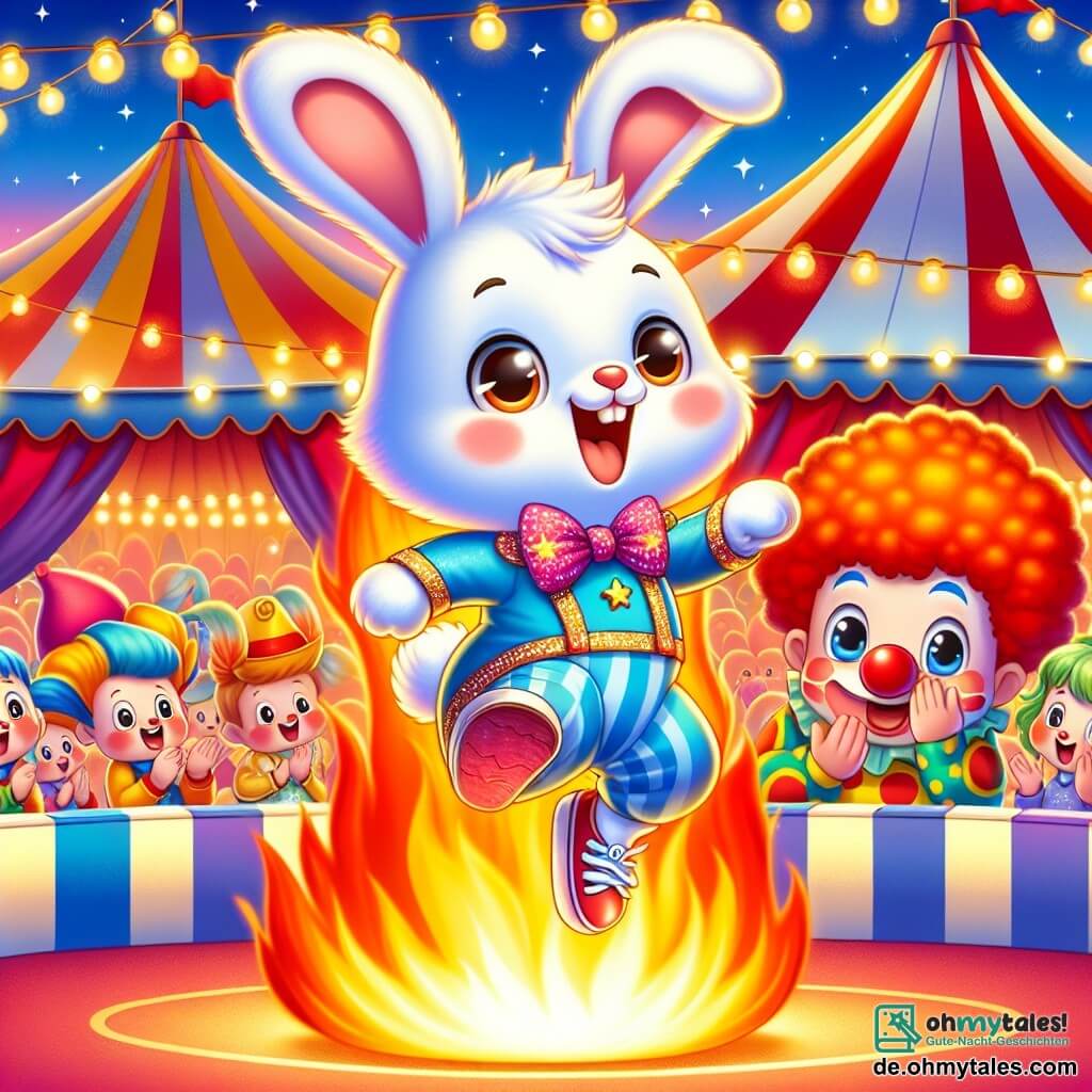 Ein kleiner Hase mit großen Ohren und weißem Fell, der ein glitzerndes Clownkostüm trägt, springt fröhlich durch einen brennenden Reifen, sein Gesicht strahlt vor Aufregung und Entschlossenheit. In der Nähe applaudiert ein fröhlicher Clown mit einer roten Nase und bunten Haaren, der einen gepunkteten Anzug trägt, mit einem breiten Lächeln, seine Augen funkeln vor Stolz auf seinen Freund. Im Hintergrund steht ein buntes Zirkuszelt mit roten und gelben Streifen unter einem blauen Himmel, während helle Lichter die Szene erleuchten. Die Hauptsituation zeigt den kleinen Hasen, der einen mutigen Sprung macht, umgeben von einer erstaunten Menge, die den Atem anhält, und schafft eine Atmosphäre von Magie und Abenteuer.