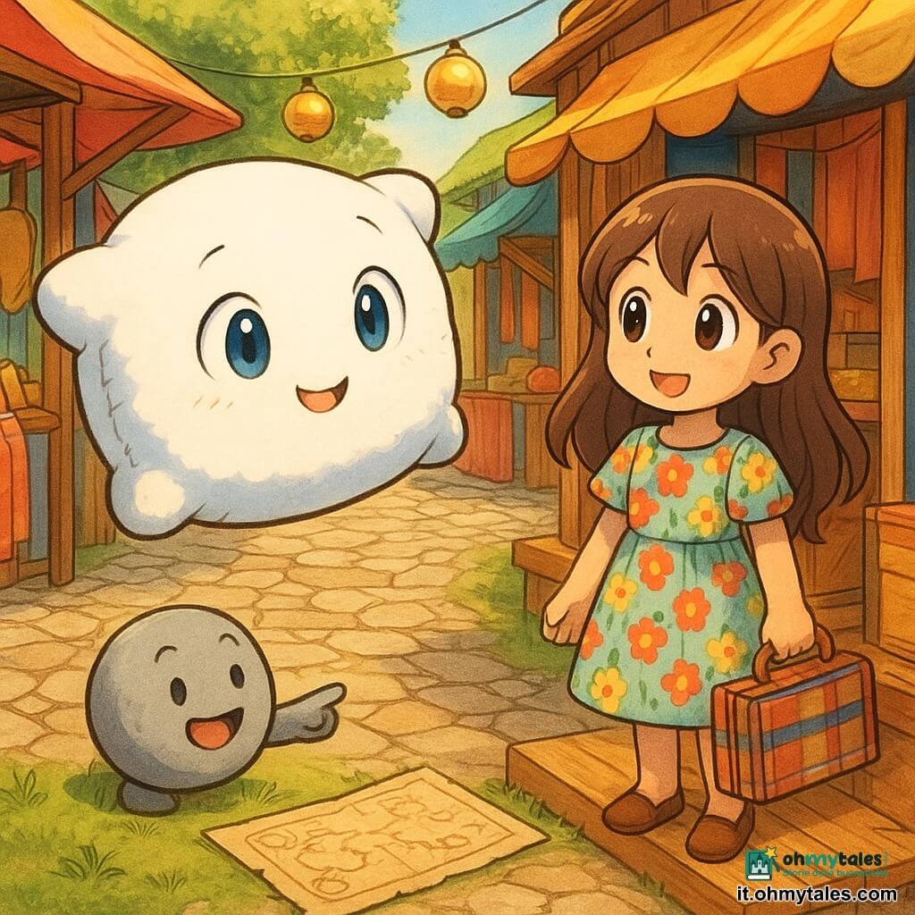 Un cuscino bianco e morbido tipo peluche, occhi azzurri ricamati e piccolo sorriso cucito, fluttua leggermente sopra un sentiero lastricato, inclinando la "testa" a destra; una bambola di pezza bruna, sorridente, con vestito floreale e piccola valigia in stoffa, sta su un gradino di legno davanti a una bottega osservando il cuscino; una piccola pietra grigia chiamata Ciottolino, rotonda con volto dipinto, indica con il "dito" una mappa ed è sull'erba vicino al sentiero; il mercato è animato con bancarelle di legno colorate, tessuti appesi, lanterne dorate al sole, ciottoli irregolari e alberi che fiancheggiano una piazzetta in discesa; scena: Piumino arriva al mercato di Kiev nel tardo pomeriggio, fluttua sui sampietrini e incontra la bambola Katya davanti a una bottega, atmosfera calda e colori saturi.