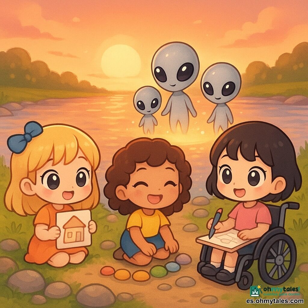 Hay 3 personajes principales: - Luna, una niña de 5 años, lleva un lazo azul en su cabello rubio y sostiene un dibujo de una casa. Está sentada a la izquierda, cerca del borde del río. - Vera, una niña de 5 años, tiene una gran sonrisa y cabello castaño rizado. Está sentada en el centro, alineando piedras de colores en una bonita fila. - Maia, una niña de 5 años, está en silla de ruedas, con cabello negro corto, y sostiene un lápiz en su mano derecha. Está a la derecha, dibujando un plano en un cuaderno. El lugar es una orilla de río brillante, bordeada de piedras redondas y hierbas verdes. El sol poniente colorea el cielo de tonos anaranjados y rosados, y el agua refleja estos colores en suaves olas. La situación principal muestra una pequeña esfera luminosa flotando sobre el río, emitiendo un suave resplandor. Tres pequeñas criaturas extraterrestres, con piel plateada y ojos brillantes, emergen de la esfera. Observan los dibujos de las niñas con curiosidad y asombro. Las niñas, con expresiones de sorpresa y alegría, comparten un momento mágico con estos visitantes de otro mundo.