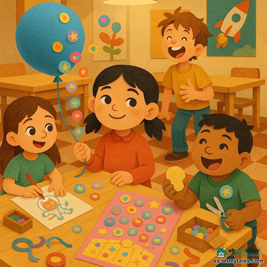 Una niña de 8 años, tranquila y traviesa, con cara redonda, pecas y dos coletas negras, sonríe y sostiene un gran globo azul con pegatinas brillantes; un niño de ~7 años (Leo) de pelo castaño alborotado, con expresión sorprendida y divertida, tiene una gran pegatina redonda en la frente y ríe junto a la mesa; una niña de ~7 años (Lila) de cabello largo y castaño dibuja un gato astronauta sentada a la izquierda; un niño de ~8 años (Tomás), algo robusto y de pelo corto negro, muestra orgulloso un recorte en forma de patata mientras sujeta tijeras junto a una caja de pegatinas; sala asociativa con mesas de madera clara, carteles coloridos y una caja abierta de pegatinas brillantes desbordando, rollos de cinta y tijeras, luz cálida y suelo a cuadros; escena dinámica con pegatinas flotando hacia una cartulina grande decorada como pista de baile rosa y amarilla, niños riendo, atrapando pegatinas con globos y colocando dibujos para crear chapas, colores vivos y sombras suaves.