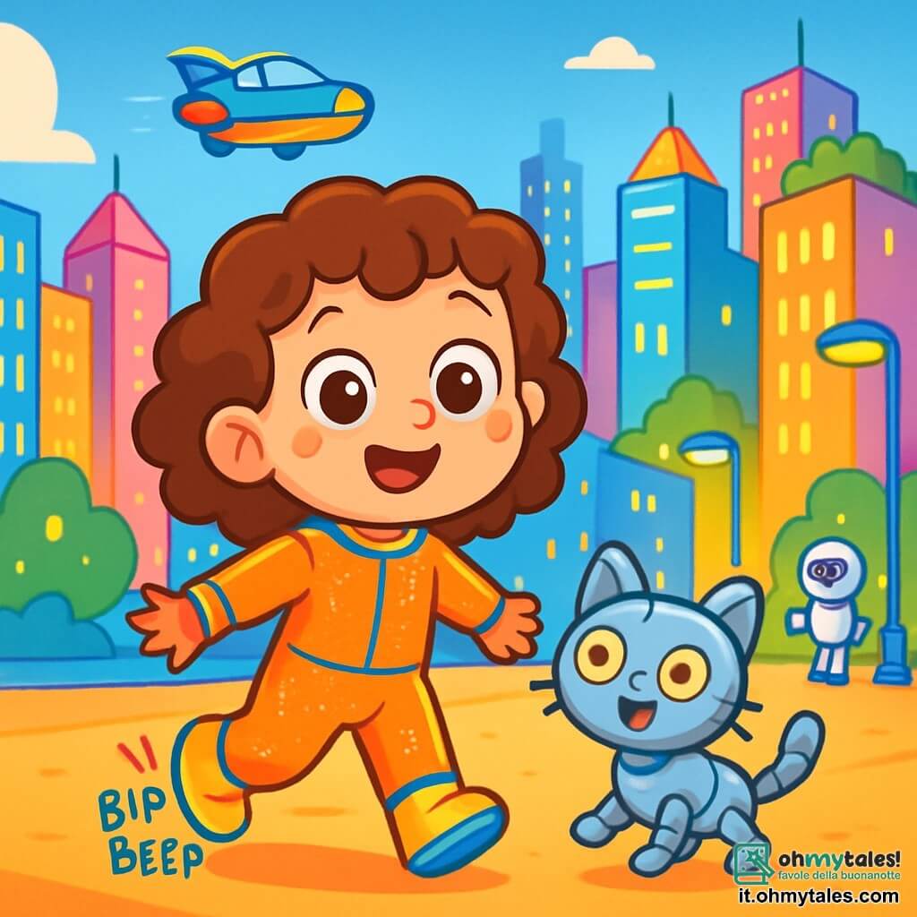 Una bambina di 4 anni, Sofia, con grandi occhi brillanti e capelli ricci, indossa una tuta futuristica scintillante e scarpe magiche che fanno "bip bip". Sorride meravigliata, pronta a esplorare la città. Accanto a lei, il suo gattino robot, Micio-luminoso, è un piccolo gatto metallico dagli occhi luminosi, che fa piroette ed emette suoni gioiosi. Lo scenario è una città futuristica, con grattacieli colorati, auto volanti nel cielo blu e giardini lussureggianti sui tetti. Luci vivaci illuminano le strade e robot amichevoli salutano i passanti. Sofia, piena di entusiasmo, si trova in mezzo a una piazza animata, guardando intorno con curiosità, pronta a scegliere la sua prossima avventura in questo mondo magico.