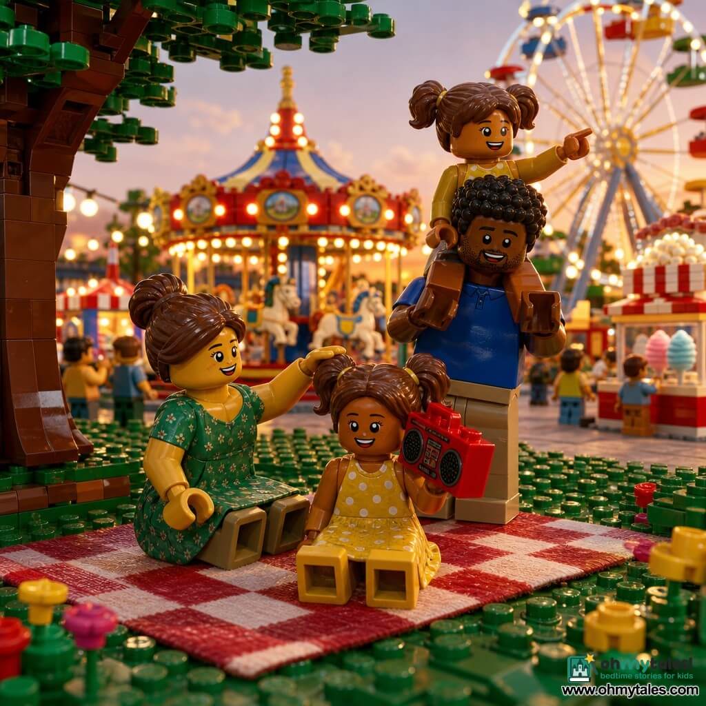A joyful, focused 6-year-old girl with light brown hair in pigtails wearing a yellow polka-dot dress holds a small shiny red tape recorder to her ear and smiles; a calm, smiling woman in her 30s with brown hair in a bun and a green dress sits on a checkered blanket nearby, reaching to stroke the girl's head; a funny, protective man around 32 with light stubble and a blue T-shirt stands behind, carrying the girl on his shoulders and pointing toward the rides. It's a late-afternoon fair with a colorful carousel, lit Ferris wheel, popcorn and cotton-candy stalls, string lights and trees; the family watches from a blanket under a large tree as the girl records and listens to the sounds and laughter in warm sunset light.