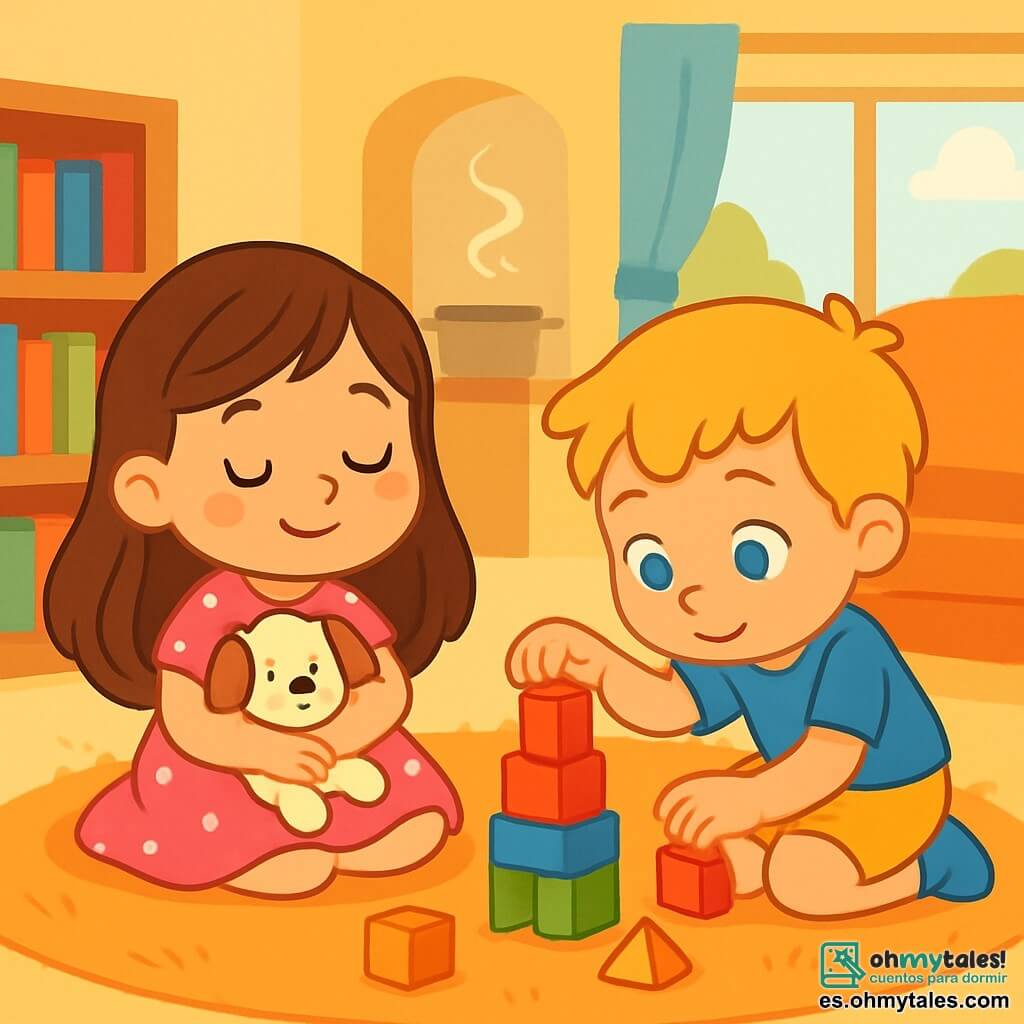 Hay 2 personajes principales: - Luna: una niña de 3 años, con largos cabellos castaños y ojos brillantes. Lleva un vestido rosa con lunares blancos y está sentada sobre una alfombra suave, rodeada de juguetes. - Tomás: un niño de 3 años, con el cabello rubio despeinado y ojos azules. Lleva una camiseta azul y un pantalón corto amarillo, y está agachado al lado de Luna, jugando con bloques de colores. El lugar donde se desarrolla la situación principal es una sala acogedora, con paredes pintadas de amarillo pastel. Hay una gran alfombra mullida en el suelo, estanterías llenas de libros coloridos y una ventana que deja entrar la luz dorada del sol. Un suave aroma a sopa flota en el aire, proveniente de la cocina vecina. La situación principal de la historia muestra a Luna descansando sobre la alfombra, con una ligera sonrisa en su rostro, mientras Tomás juega suavemente a su lado con bloques de madera. Luna tiene un pequeño hueso de peluche en sus brazos y cierra los ojos, disfrutando de un momento de calma y consuelo. Tomás, atento, construye una torre de bloques, asegurándose de no hacer ruido para no molestar a su amiga.