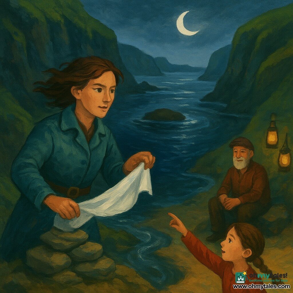 Female explorer, about 35, determined and serene face, worn teal coat, wind-tossed brown hair, holding a rolled map and placing a white cloth marker on a stacked rock on a rocky promontory; girl, about 8, braided hair, awed expression, standing on a low dune to the right pointing at the channel notch and watching from the shore; elderly man, about 70, short gray beard, fisherman's clothes, sitting on a rock near a beach campfire with hanging lanterns, smiling calmly and observing; setting: narrow strait between steep green cliffs with mossy walls, dark swirling water and a flat reef emerging, early night with a low crescent moon and light sea mist; main action: the woman marks the safe turn in the channel, her boat moored in a nearby cove, moonlight silvering the reef—a cautious, peaceful exploration with measured courage.