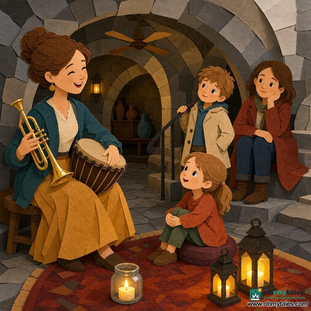 A serene, smiling female musician holds a shiny trumpet and a round djembe under her arm, with a soft face, chestnut hair in a bun, laughing eyes and an attentive posture as she plays gently; an amazed six-year-old girl sits on a small cushion by the rug with hands on her knees watching; a curious eight-year-old boy stands behind her in a light coat, one hand on the railing and head tilted listening; a calm thirty-five-year-old mother sits on a step at the back with an open coat and a tender smile watching the children; the room is a vaulted grey stone cellar with rounded arches and a flagstone floor, two yellow lanterns on a small red rug, a candle in a jar and a discreet old ceiling fan; the scene is an intimate mini-concert with the musician playing a soft melody, lantern light casting warm shadows, children listening in wonder, and visible paper-cut textures with sharp edges and flat, contrasting colors.