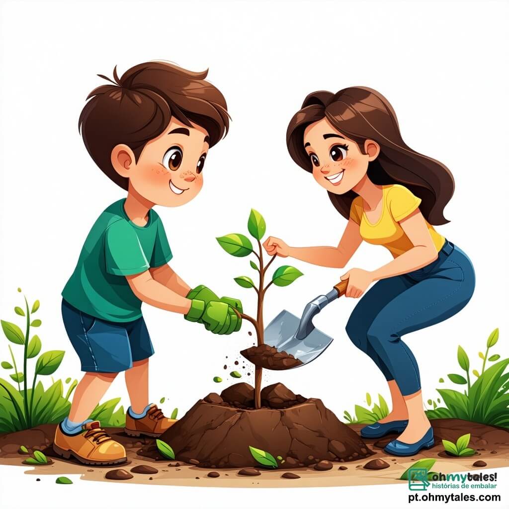 Um menino de 6 anos, Miguel, com cabelos castanhos bagunçados e olhos brilhantes de curiosidade, está plantando uma pequena árvore em um buraco que ele cavou. Ele usa uma camiseta verde vibrante e um short azul, e seu rosto irradia alegria e empolgação. Ao lado dele, sua mãe, uma mulher sorridente de cerca de 30 anos, com cabelos longos e castanhos, o incentiva segurando uma pequena pá, vestida com uma blusa leve e um chapéu de palha para se proteger do sol. O local é um parque verdejante, cheio de grandes árvores majestosas, flores coloridas e um céu azul claro. O solo está coberto de folhas e pequenas pedras, e pode-se ouvir pássaros cantando nos galhos. A cena principal mostra Miguel e sua mãe cuidando da natureza, plantando árvores e limpando o parque, cercados de risos e uma atmosfera alegre.