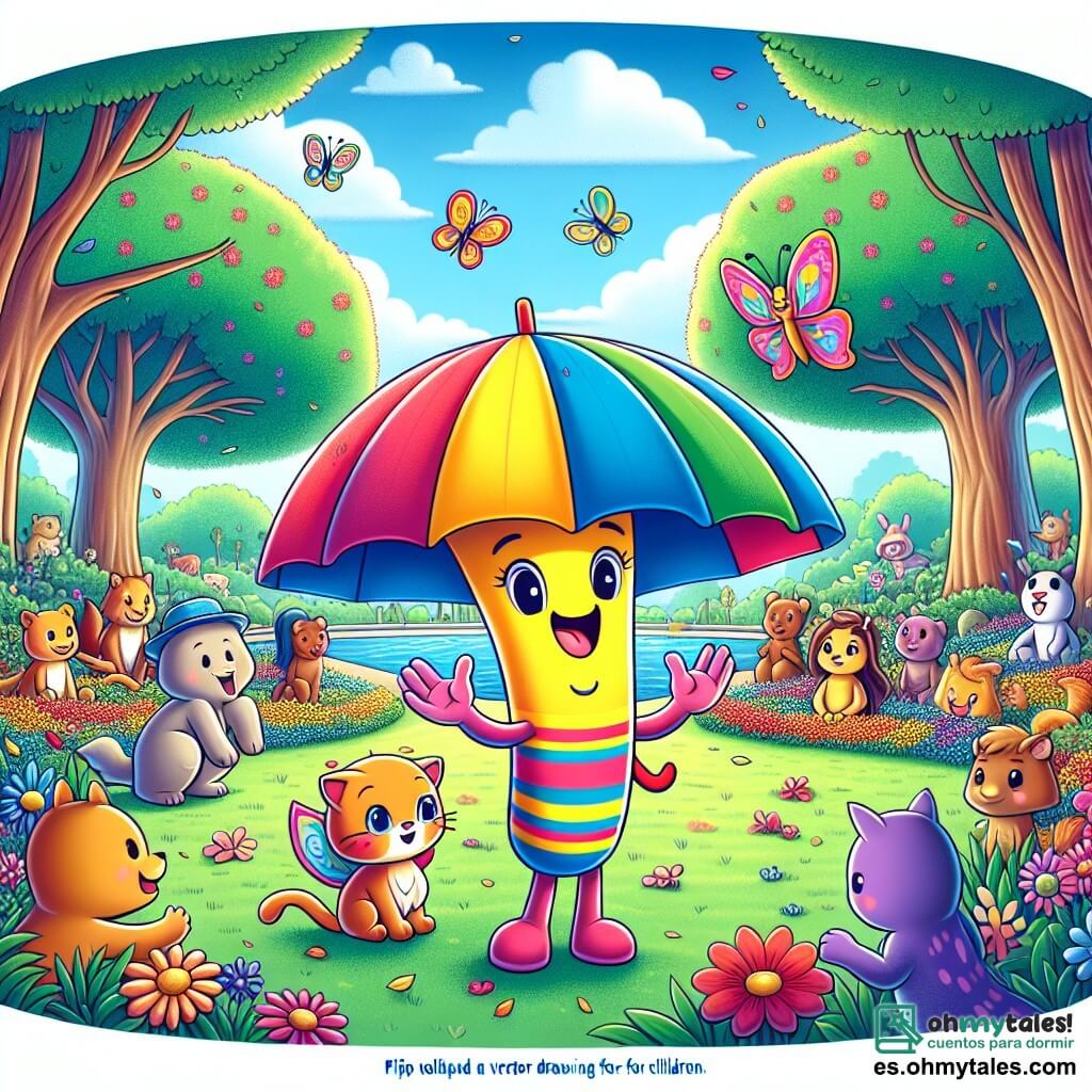 Pipo, un alegre paraguas colorido con rayas azules, amarillas y rojas, se encuentra en el centro del parque, con una gran sonrisa en su rostro y los brazos abiertos, listo para recibir a todos sus amigos. Lila, una mariposa brillante con alas multicolores, vuela a su alrededor, expresando emoción y alegría mientras agita sus delicadas alas. El parque es un lugar encantador, lleno de flores vibrantes, grandes árboles verdes y un cielo azul claro salpicado de nubes blancas. Al fondo, niños y animales se reúnen, curiosos y entusiastas, escuchando atentamente a Pipo y Lila. La escena principal muestra a Pipo y Lila hablando con un grupo de animales y niños, animándolos a proteger su entorno y cuidar la naturaleza, creando una atmósfera de camaradería y compromiso por un futuro mejor.