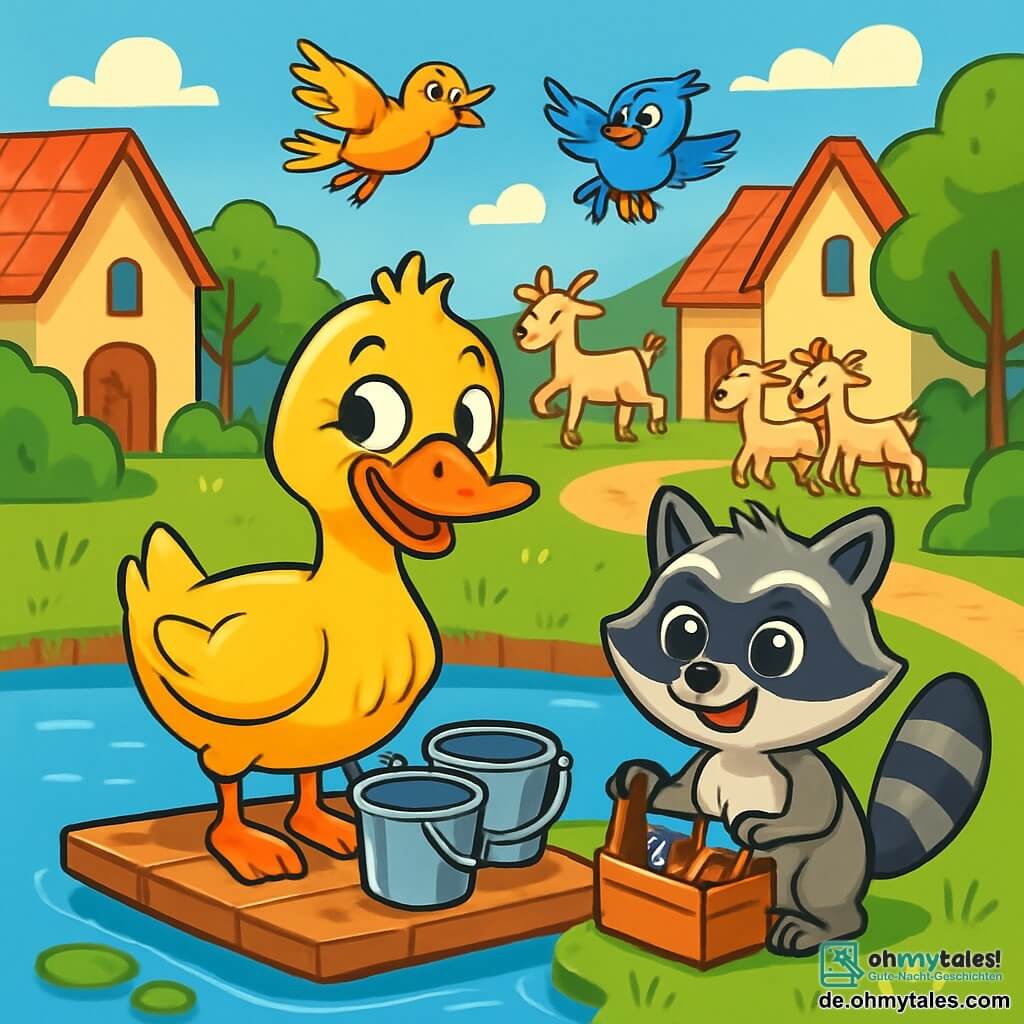 Ein fröhlicher Enten mit leuchtend gelben Federn und einem kleinen schelmischen Lächeln steht auf einem kleinen Holzbrett in der Mitte eines Teiches. Ihre Augen funkeln vor Aufregung, während sie sich umschaut, bereit ins Wasser zu tauchen. Neben ihr beobachtet ein schelmischer Waschbär mit grauem Fell und glänzenden Augen neugierig, während er eine kleine Holzwerkzeugkiste hält. Im Hintergrund ein lebhaftes Dorf mit Tieren aller Art: Ziegen tanzen auf einem Erdpfad, bunte Vögel fliegen am hellblauen Himmel, und grüne Bäume säumen den Teich. Die Szene zeigt einen festlichen Moment, in dem die Ente und der Waschbär ihr unglaubliches Eimer-Rennen vorbereiten, umgeben von Lachen und leuchtenden Farben.