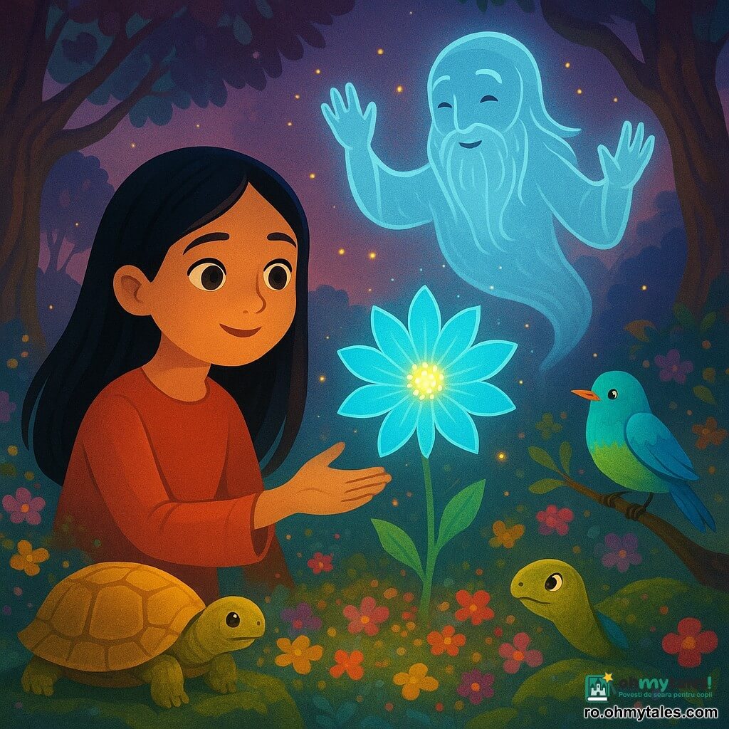 Samira, adolescentă cu fața rotundă și ochi culoarea mierii, păr lung negru și drept, expresie uimită și senină, întinde ușor mâna spre o mare floare albastră luminiscență în centru; un spirit străvechi non-uman, mic și barbun ca un bătrân, plutește lângă floare cu zâmbet binevoitor, barbă argintie din filamente de lumină și brațe ridicate ca pentru a o binecuvânta; un privighetoare colorat cu pene albastru-verzui stă pe o creangă joasă în dreapta, adăugând o notă vie de culoare; o broască țestoasă cu carapace aurie stă în prim-plan stânga pe o piatră mușchiată, nemișcată și înțeleaptă privind spre Samira; locul e o poiană secretă numită „Grădina Vechilor Spirite”: covor de flori multicolore strălucitoare, felinare mici de polen plutind ca licuricii, alei din pietre netede acoperite de mușchi, copaci foarte înalți cu trunchiuri răsucite și cer crepuscular violet-roz între frunze; momentul principal e magic: Samira alege floarea albastră care trezește magia — scenă calmă, luminoasă și poetică, compoziție centrată pe floare și mâna Samirei, culori saturate dar blânde, contraste cald/rece și lumină sclipitoare în jurul personajelor.