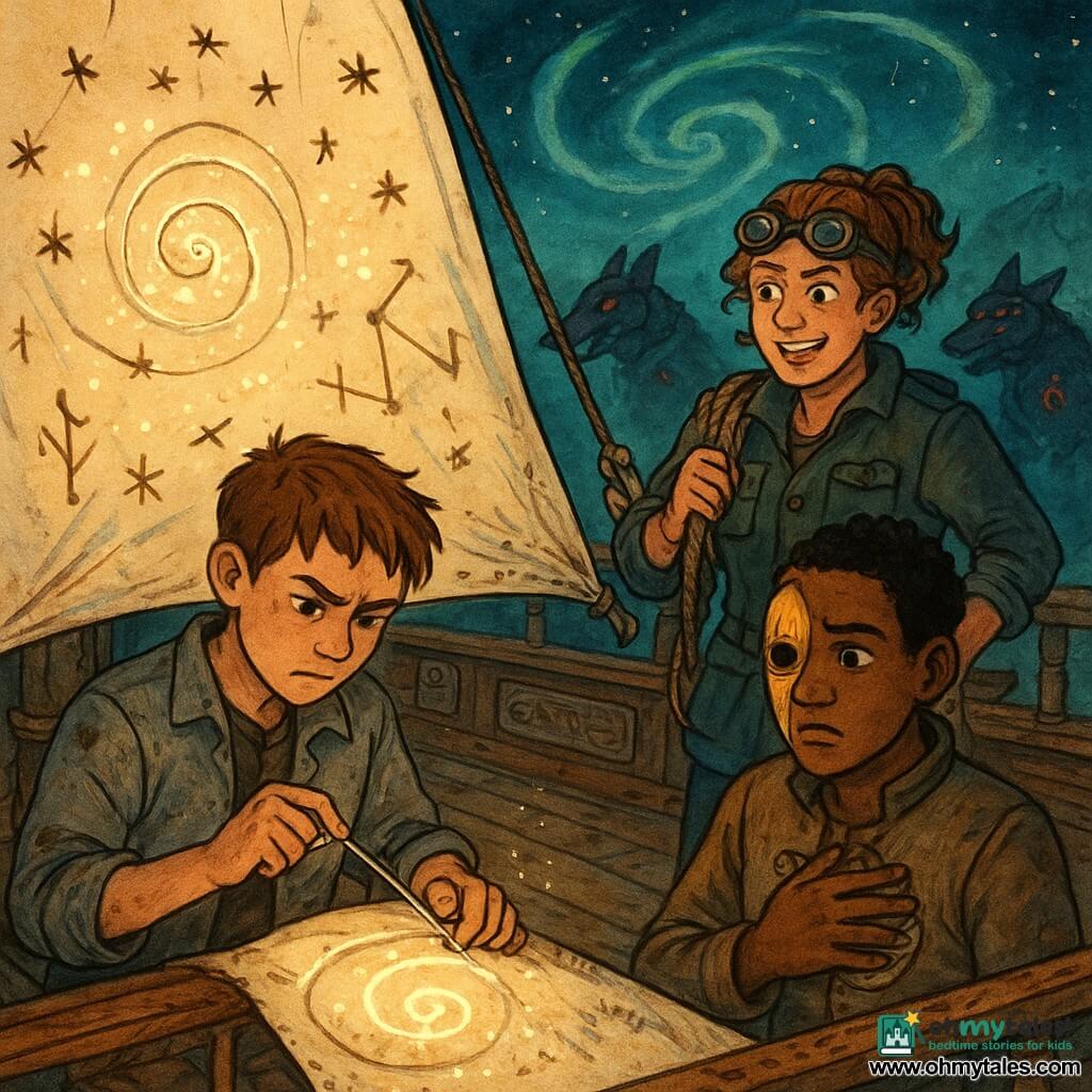 A focused 12-year-old Milo, sleeves rolled, in a gray oil-stained canvas jacket and short messy chestnut hair, hunches on the polished wood-and-copper deck of a science-fantasy caravel sewing a large cream sail embroidered with stars and runes using a glowing silver thread and rune-scribe to mend a tear; nearby sits an anxious-but-relieved ~12-year-old Orin with a dented brass mask and cracked glass eye, hand on a small lunar mechanism plate on his chest, watching, while Aunt Sera, ~35, energetic with aviator goggles on her forehead and a tool-packed jacket, stands by the rail holding a rope; the deck overlooks a luminescent stone road and rune ribbons fading into mist under a night sky with a spiral aurora and geometric stars as Milo’s stitched constellations form a luminous spiral to divert three red-rune metal wolf-dogs attacking, the warm sail light contrasting with cold mist and red pursuit glints.
