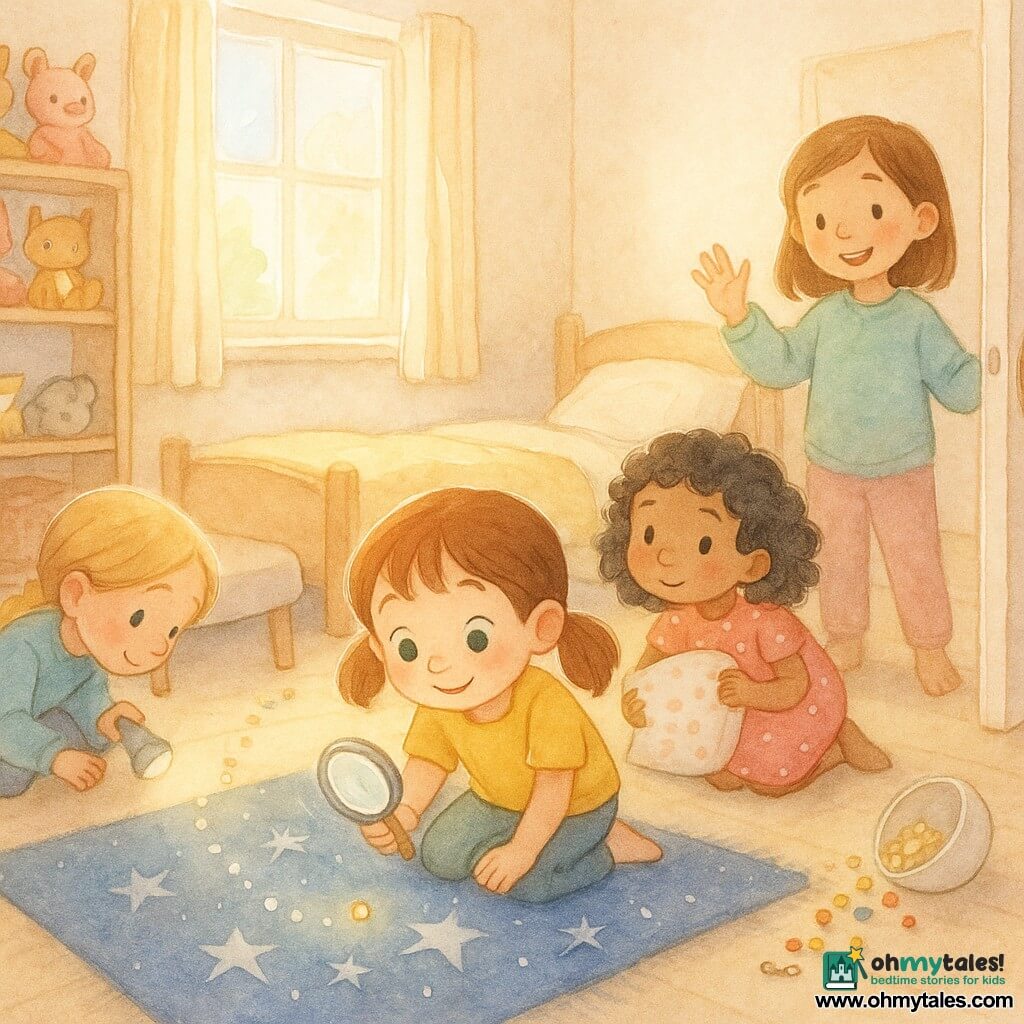 There are four children: Emma, 6, chestnut pigtails, sparkling green eyes, wearing a yellow T-shirt and holding a magnifying glass crouched by the star rug; Lila, 6, curly black hair, pink polka‑dot dress, kneeling by the bed with a cushion, curious toward the rug; Zoe, 6, blonde braid, sky‑blue sweater, searching under the bed with a small flashlight at left; Maya, 6, straight brown hair, mint sweatshirt, standing near the door showing her bare wrist with a relieved smile and a broken bracelet with beads on the floor nearby. The bright child's bedroom has a large window with soft morning light, cream walls, a dark blue starry rug, a low bed with an astronaut blanket, a wooden shelf of stuffed animals and a small table with a spilled bowl of popcorn; soft watercolor textures, subtle shadows and bright highlights on the beads and magnifying glass. The four little detectives examine a scattered bead necklace on the rug, a trail of beads leads from the bottom of the stairs to the rug, a magnifying glass enlarges a shiny bead, their expressions are concentrated and joyful in a friendly investigative scene.