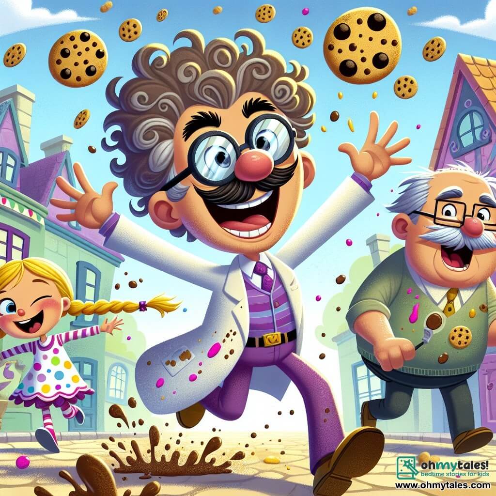 A man, Professor Pizzazz, is at the center of the image, with curly, messy hair and large round glasses sliding down his nose. He wears a purple lab coat covered in paint splatters and cookie crumbs, and has an excited smile on his face, arms raised in celebration of his cookie machine's emergence. Next to him, a young girl named Lily, about 8 years old, with braided blonde hair and a colorful polka-dot dress, runs laughing with arms outstretched to catch a flying cookie. An elderly man, Mr. Crumble, around 70 years old, with a gray mustache and glasses, stands slightly back, holding a cookie on his head with a surprised yet amused expression. The scene takes place in the bustling village square of Whizzlewick, surrounded by colorful houses with sloping roofs, vibrant flowers, and balloons floating in the blue sky. At the center, the Cookie-O-Matic, adorned with shiny buttons and blinking lights, emits a sweet aroma of warm cookies. The main situation shows Professor Pizzazz enthusiastically operating his cookie machine, while giant cookies fly through the air, causing laughter and joy among the villagers.