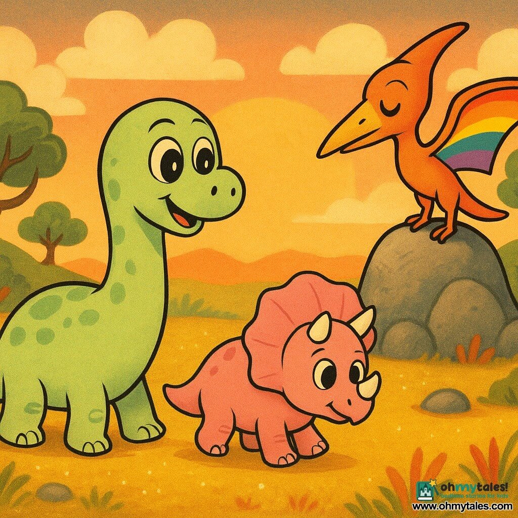 A long, rounded young diplodocus with pale green skin and lighter spots, big shiny eyes, smiling and amazed, holding a small golden pebble in its tail, walks slowly across a golden plateau; to the right, a colorful pterodactyl perched on a rock with rainbow-painted wings and stylized feathers looks at the diplodocus with a gentle, dreamy expression while reciting a poem; a shy little triceratops with short horns and a rosy frill walks beside the diplodocus, looking around and grateful; the plateau has glittering ground, low colorful grasses, a few rounded rocks and twisted-trunk trees under a pastel sky streaked with soft clouds; the scene shows the three dinosaurs strolling at sunset in warm orange light with a magical, friendly atmosphere, centered and child-readable.