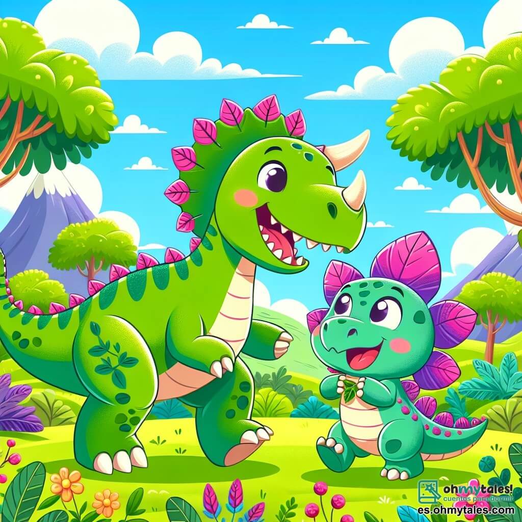 Un triceratops llamado Tito, grande y amable, con piel verde y patrones de hojas, se encuentra alegremente en el centro de la imagen, sonriendo con sus tres cuernos afilados brillando bajo el sol. A su lado, una pequeña estegosaurio llamada Estela, con placas coloridas en rosa y violeta en su espalda, salta de alegría, sus ojos brillando de emoción. El decorado es una montaña verde, con árboles majestuosos, flores coloridas en el suelo y un cielo azul brillante con nubes blancas. La escena muestra a Tito y Estela buscando hojas deliciosas para comer, rodeados de la belleza natural de su hábitat prehistórico, llenos de risas y amistad.