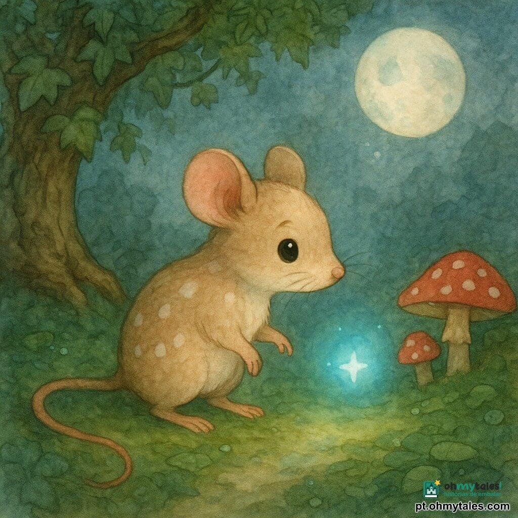 Uma pequena ratoa chamada Lila, corajosa e curiosa, pelo bege claro com manchas brancas, olhos grandes e vibrantes e bigodes finos, avança na ponta das patas olhando a luz com deslumbramento; expressão terna e um pouco hesitante, orelhas levemente abaixadas e cauda enrolada suavemente. Uma pequena luz azul flutuante, como uma miniestrela num halo translúcido, dança diante de Lila emitindo reflexos turquesa, convidativa. Folhas de musgo verde-esmeralda e cogumelos vermelhos com bolinhas brancas margeiam um caminho estreito, gotas de orvalho brilham como pérolas. Um velho carvalho de tronco rugoso e raízes retorcidas ocupa o fundo esquerdo, ramos cobertos de hera formando um teto protetor; a lua arredondada lança um brilho prateado que cria sombras azuladas e manchas de luz no solo. Cena principal: a ratoa aproxima-se cautelosamente da luz azul no centro do caminho musgoso, um momento calmo e mágico de ternura e maravilha.